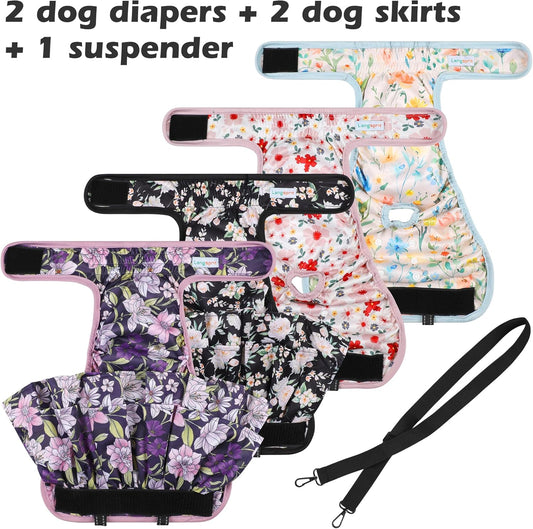 Washable Female Dog Diapers (4 Pack+1 Suspenders), Reusable Female Girl Doggy Doggie Puppy Wraps Panties Belly Band for Pet Heat Period Pooping Peeing Potty Training Incontinence Marking Flower XLarge