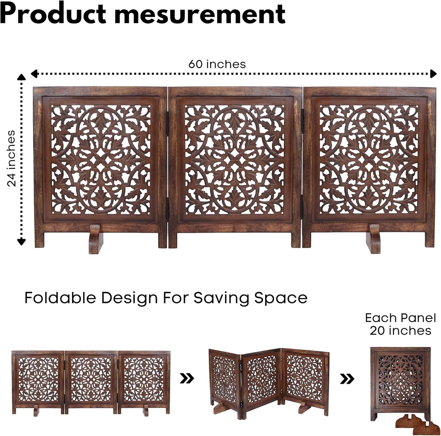 Dog Gate Indoor, Free Standing Folding Wooden Dog Gate for Doorway, Hallway or Stairs, Decorative 3 Panel Wood Pet Fence, 60x24 Inch Pet Gate, Natural Burnt Daisy Design