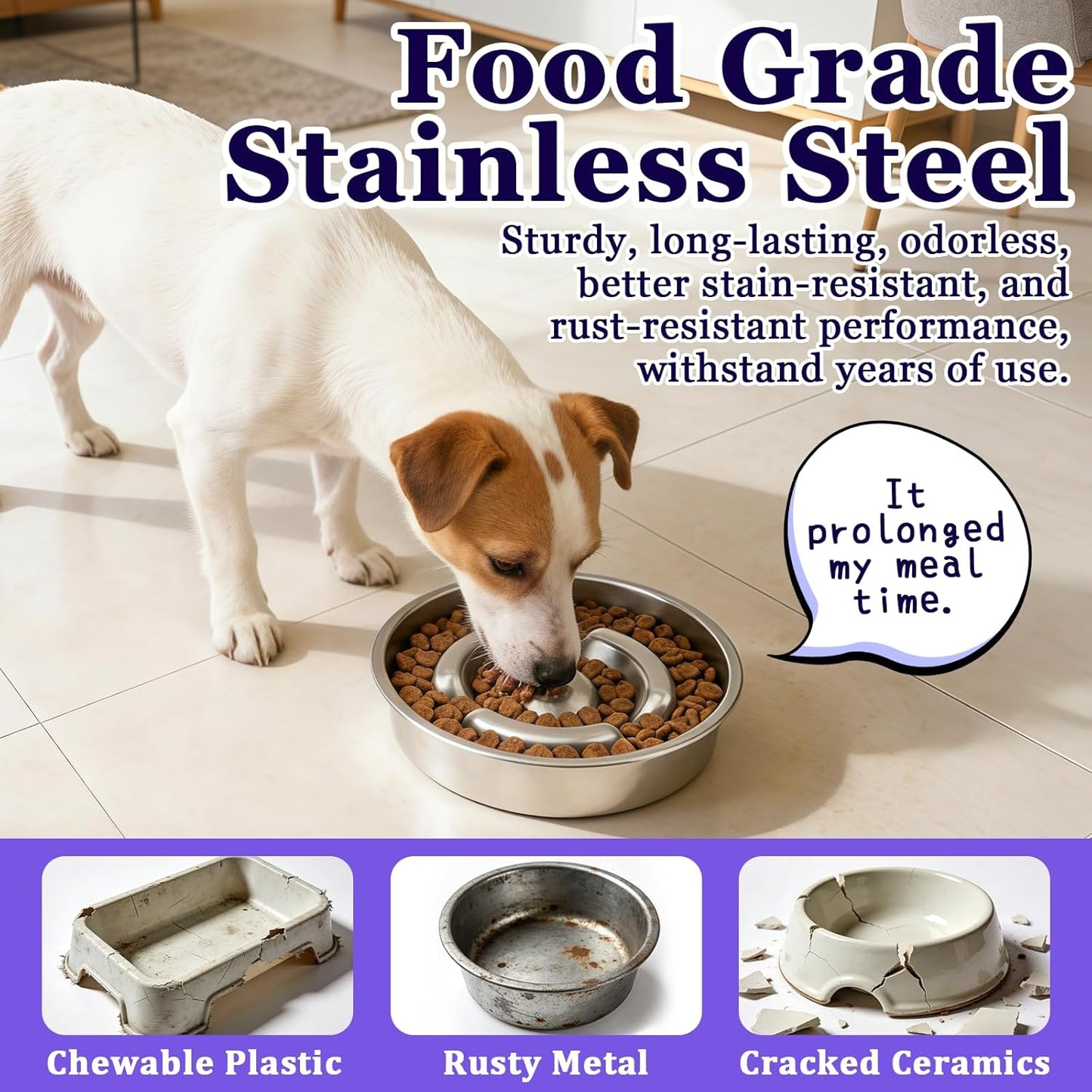 Stainless Steel Slow Feeder Dog Bowl Metal Dog Food Bowl with Non-Slip Mat for Small and Medium Sized Dogs, 2 to 4 Cups Capacity, Dishwasher-Safe, Double-Sided Design for Dry, Wet, or Raw Food