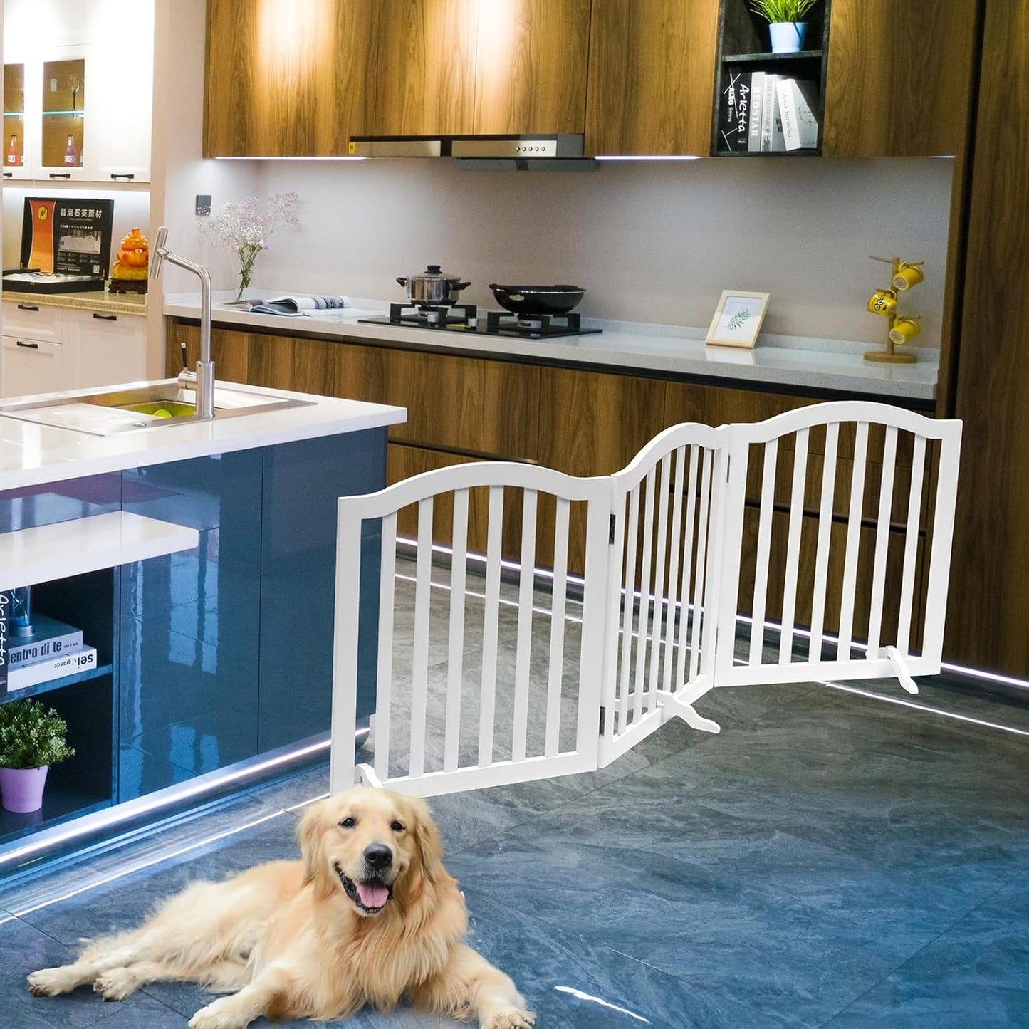 Foldable Wooden Dog Gate - 3-Panel Freestanding Pet Fence, 23.6 Inches, White - Suitable for Doorways & Stairs, Also Works as Baby Gate.