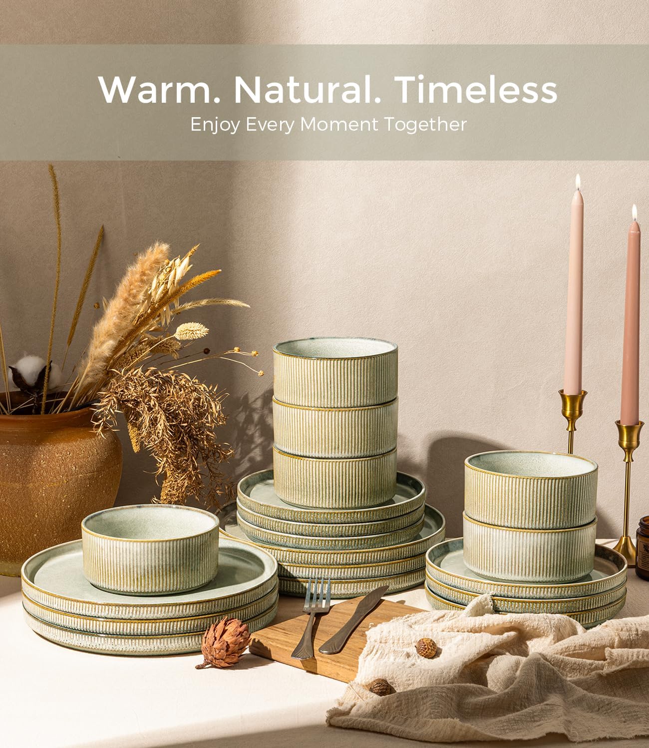 GBHOME 12-Piece Stoneware Dinnerware Set for 4 – Ribbed Ceramic Plates and Bowls, Scratch-Resistant, Microwave & Dishwasher Safe, Reactive Glaze, Desert Sage