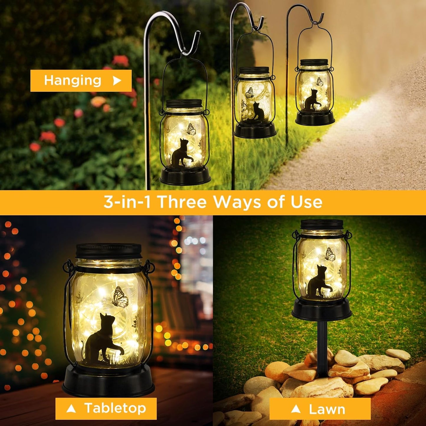Cat Gifts Cat Lover Gifts for Women/Mom/Grandma/Sister, Mother Day Gift, Cats Butterfly Solar Lights Outdoor Hanging Cat Lanterns Fairy Lights, Kitty Lamps Decor for Yard Lawn Garden Patio