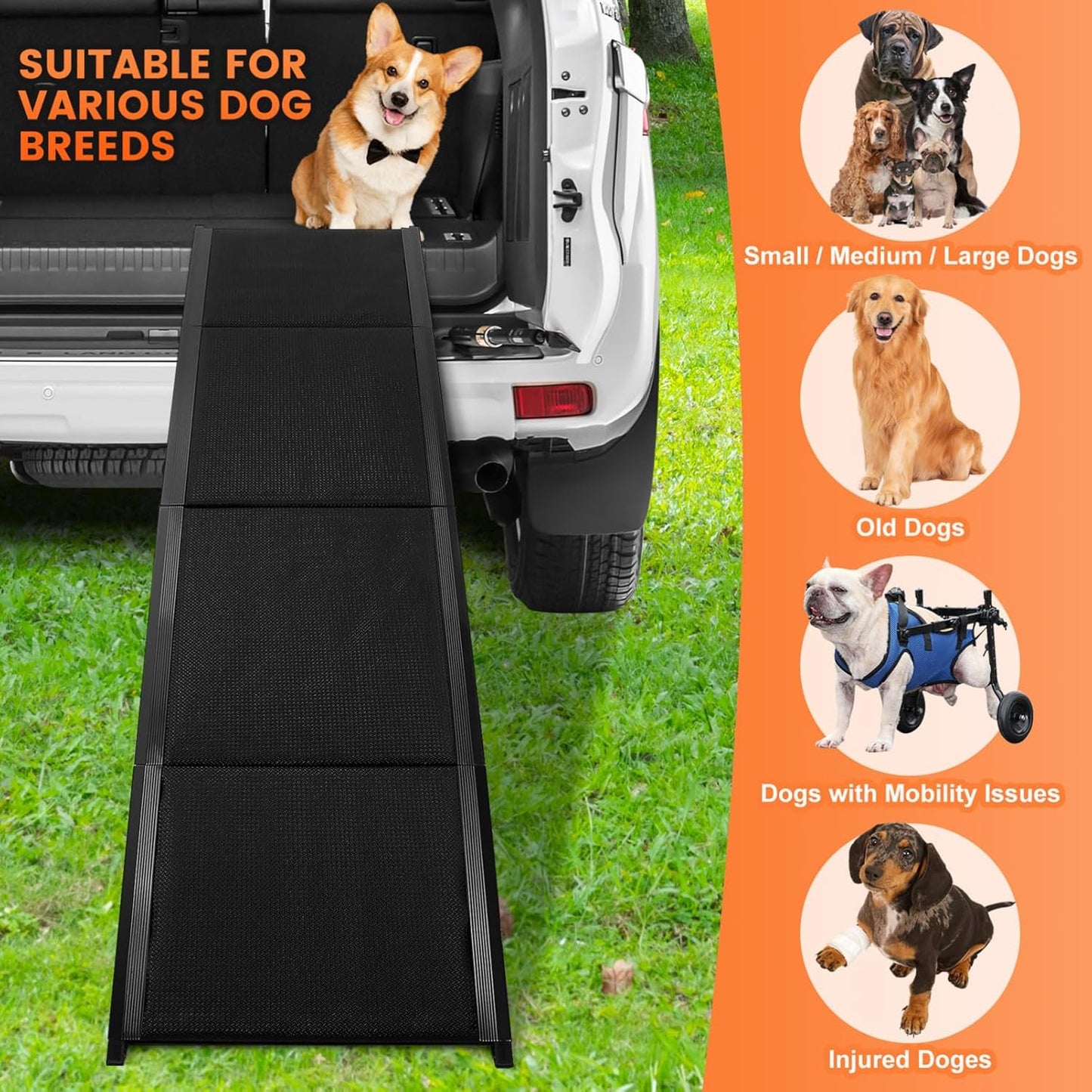 PRETYZOOM Dog Car Ramp 71 Inch Folding Portable Pet Ladder with Wide Non-Slip Steps for Large Dogs Supports up to 300 Lbs Safe Vehicle Access for Cars Suvs Trucks