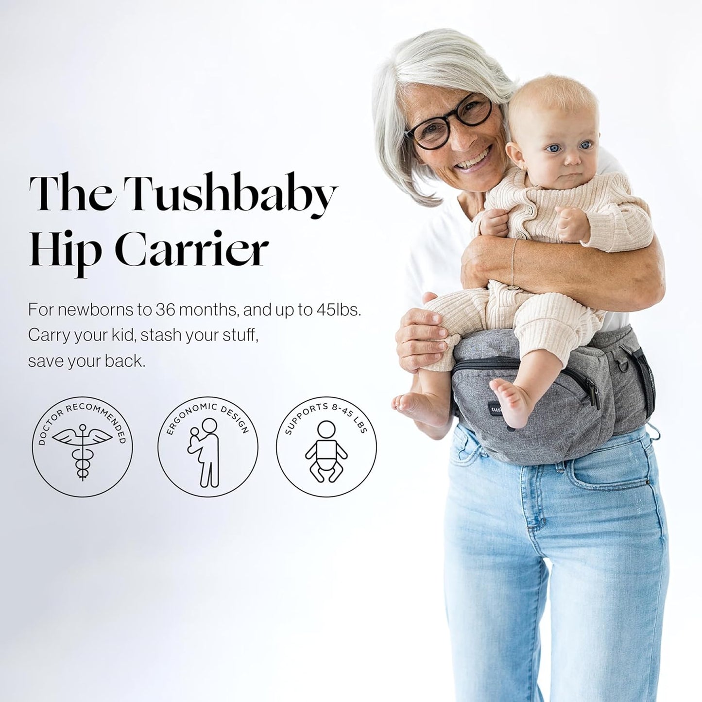 Tushbaby Original Hip Seat Baby Carrier for Babies & Toddlers up to 45 lbs, Safety Certified, Lightweight No-Foam Design with Storage, Grey