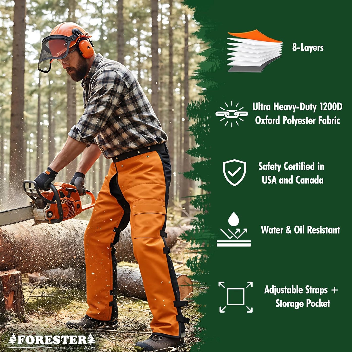 FORESTER Chainsaw Chaps for Men & Women | Apron-Style Chaps with Pocket & Adjustable Waist | Chainsaw Safety Equipment
