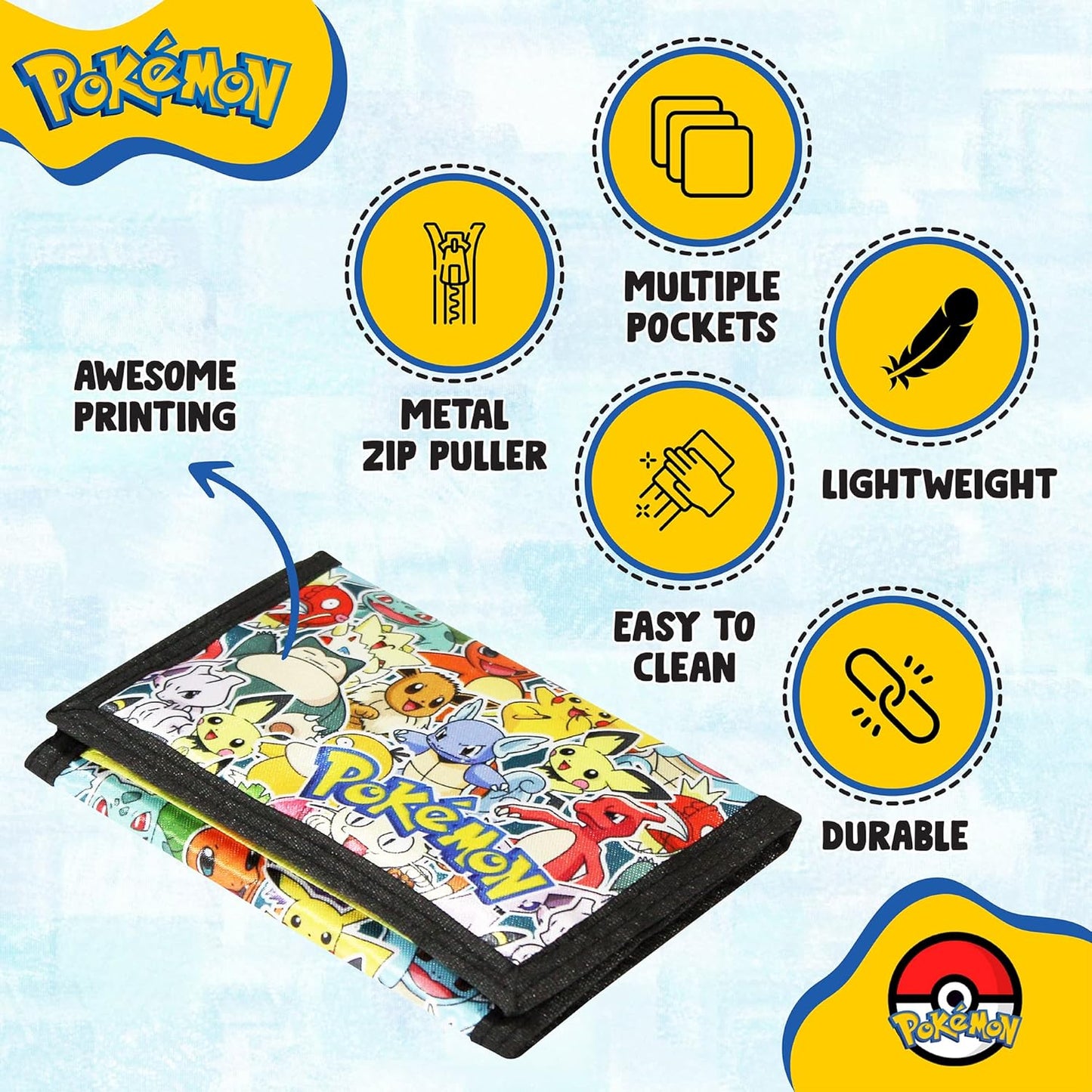 Pokemon Wallet for Boys and Girls, Kids Trifold Purse Canvas Velcro Wallets with Zip, Pound Coin and Card Holder - Featuring Charizard & Pikachu, Great Pokemon Gifts