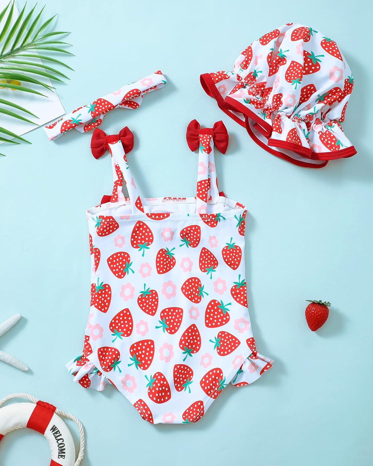 Renotemy Baby Girl Swimsuit Infant Bathing Suit Swimwear Sleeveless Bikini Tankini Toddler Girl One-Piece Swimsuit with Hat