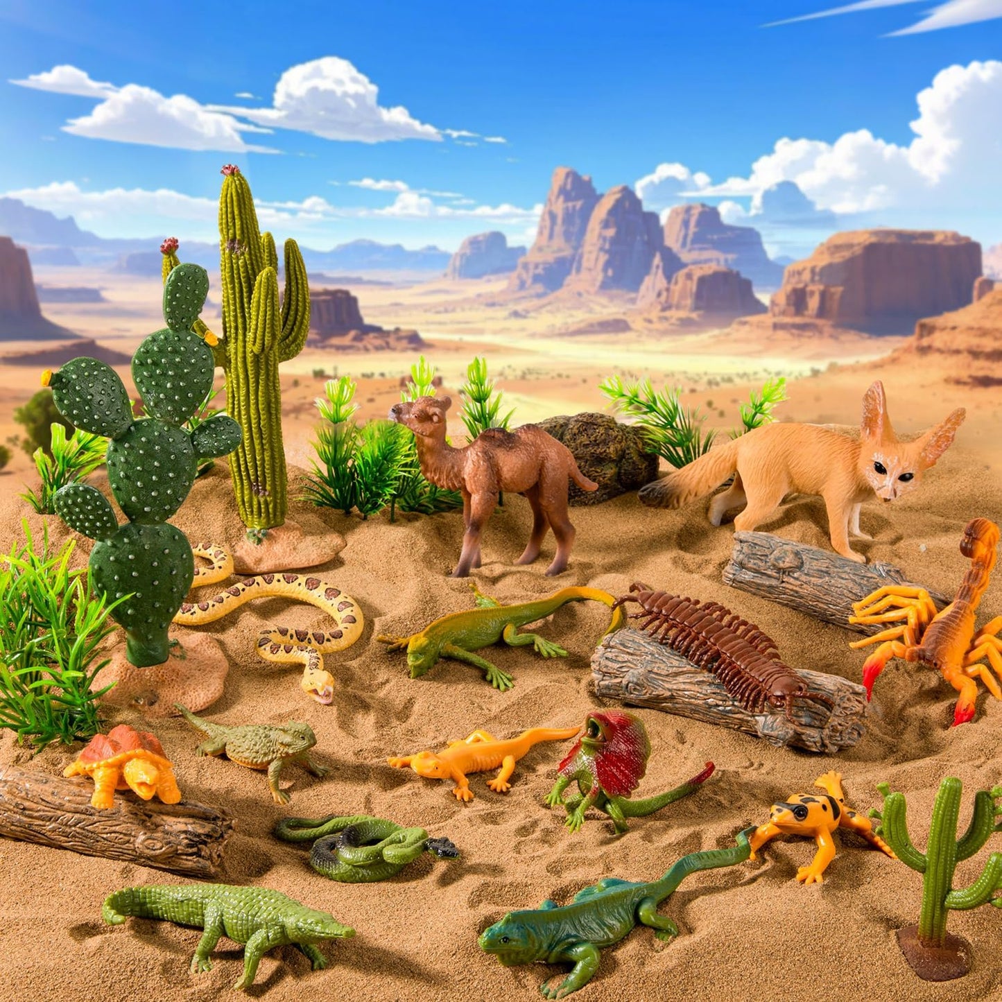 32 Pcs Desert Animal Figurines Set,Desert Diorama Supplies Playset Camel Fox Rattlesnake Lizard Tree Cactus Desert Decor for Kids Cake Toppers Party Favors School Projects Educational Learning