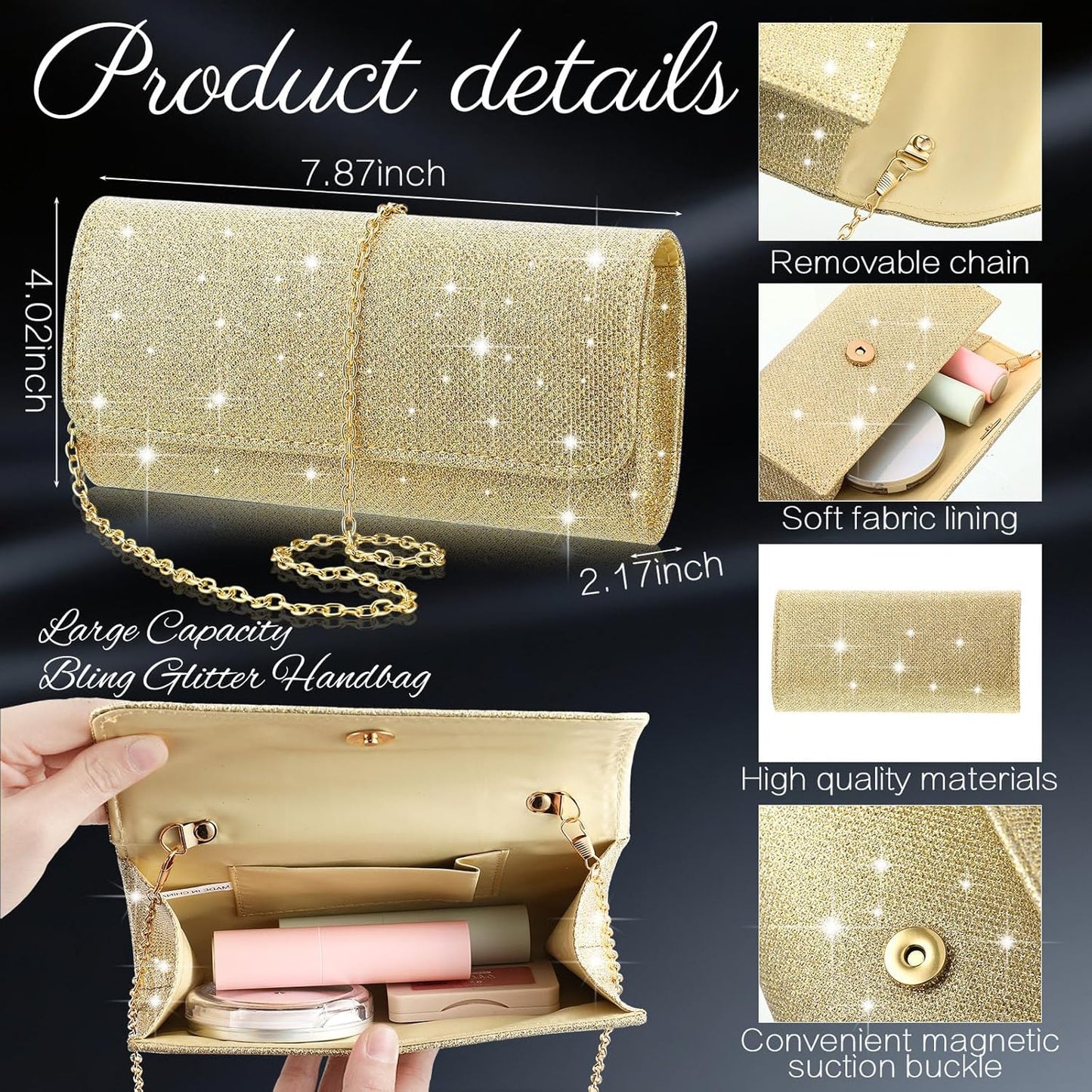 5 Pcs Rhinestone Jewelry Set for Women Glitter Bling Clutch Purse Necklace Earrings Bracelet Ring for Bride Wedding