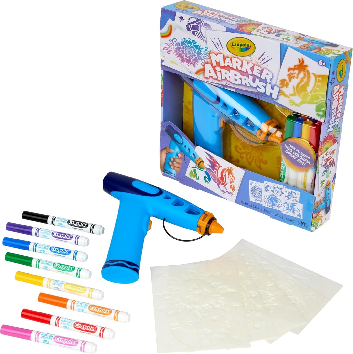 Crayola Marker Airbrush Spray Art Kit, Essential Easter Basket Stuffer for Kids, Battery-Powered Sprayer with 8 Washable Markers & 5 Stencils, DIY Craft Set, Ages 6+