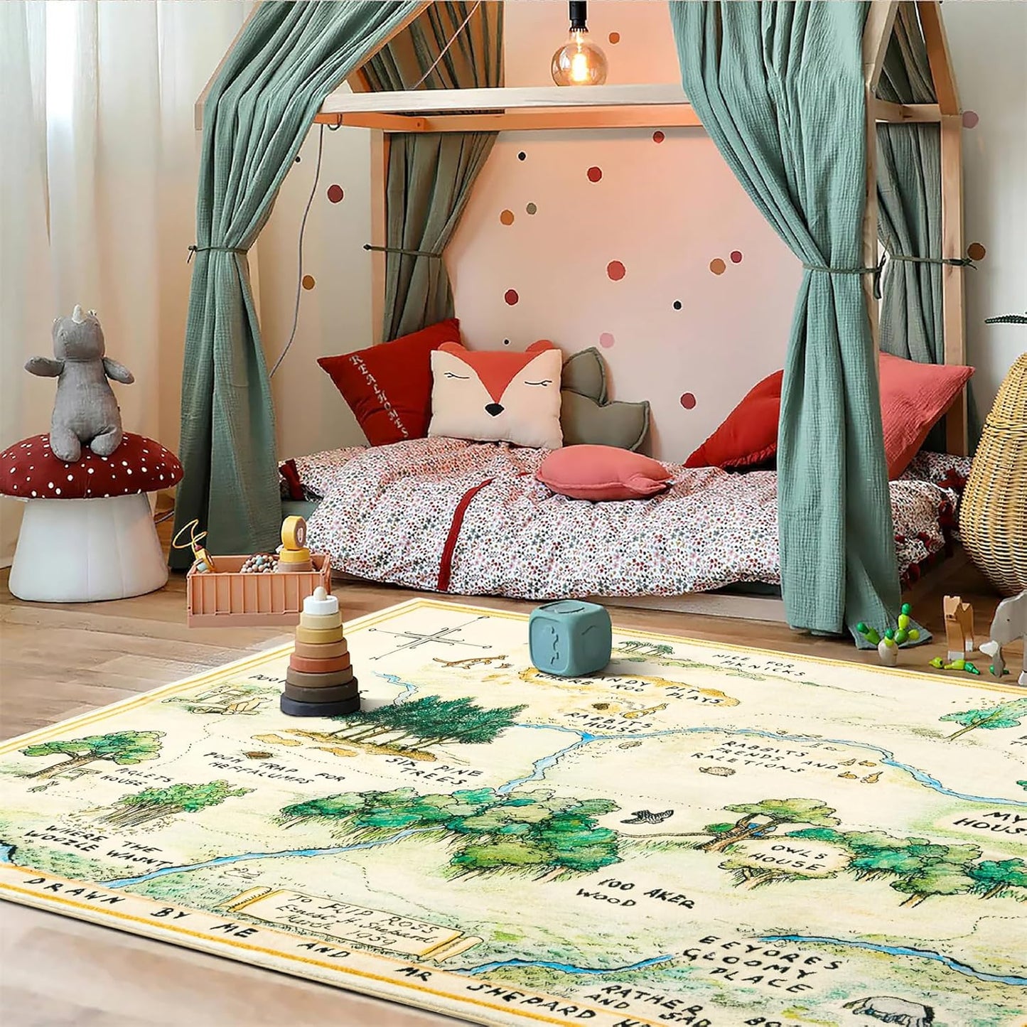 Estmy 3x5 Vintage Woodland Area Rug, Cute Fun Nursery Rugs for Girls Boys Neutral, Thin Pile Faux Wool Soft Stain Resistant Hundred Acre Wood Map Rug, Cartoon Retro Kids Play Rug Infant Playmat