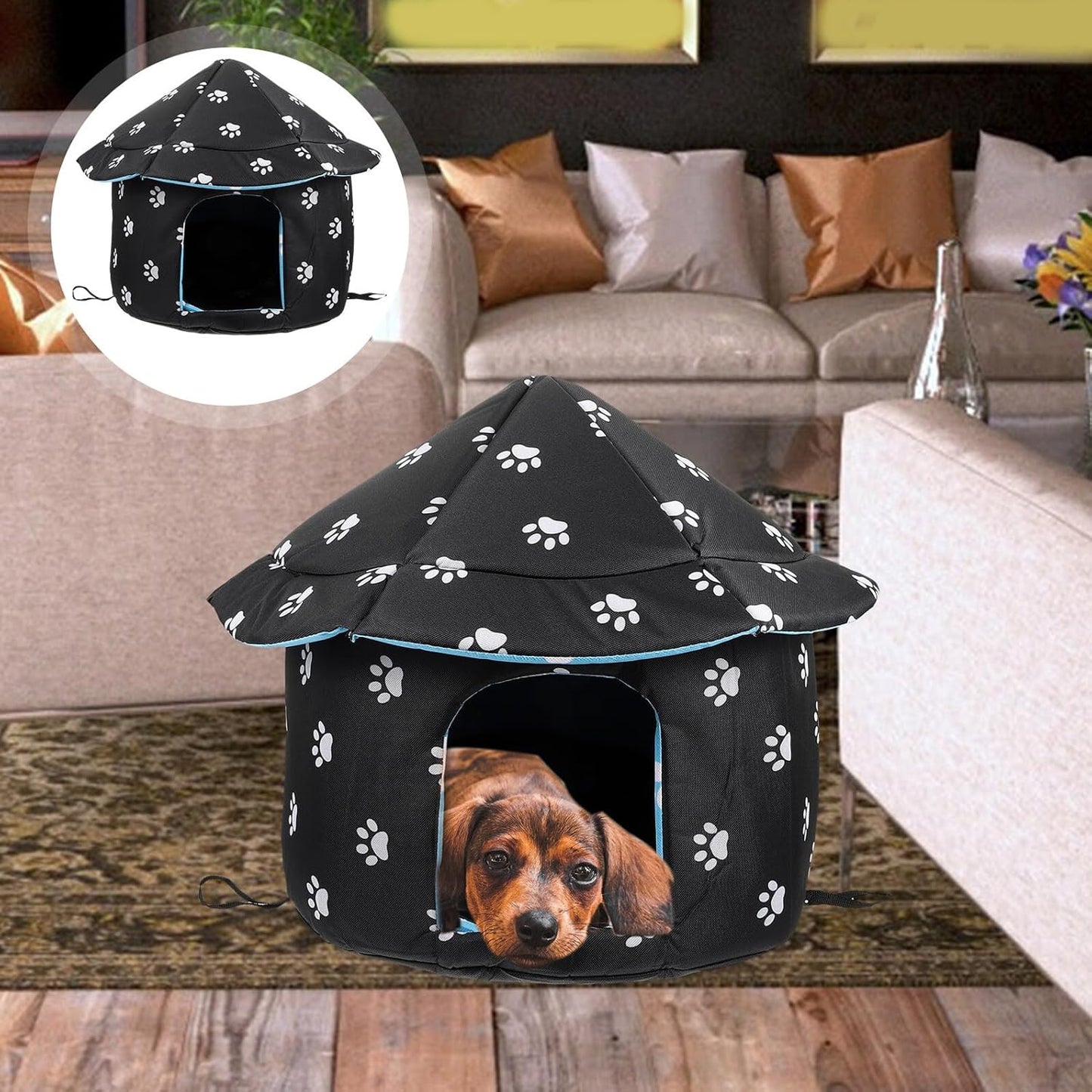 PRETYZOOM Weatherproof Oxford Fabric Cat House M Size with Removable Cushion and Detachable Cover, Outdoor Cold Days Pet Nest for Cats and Small Dogs