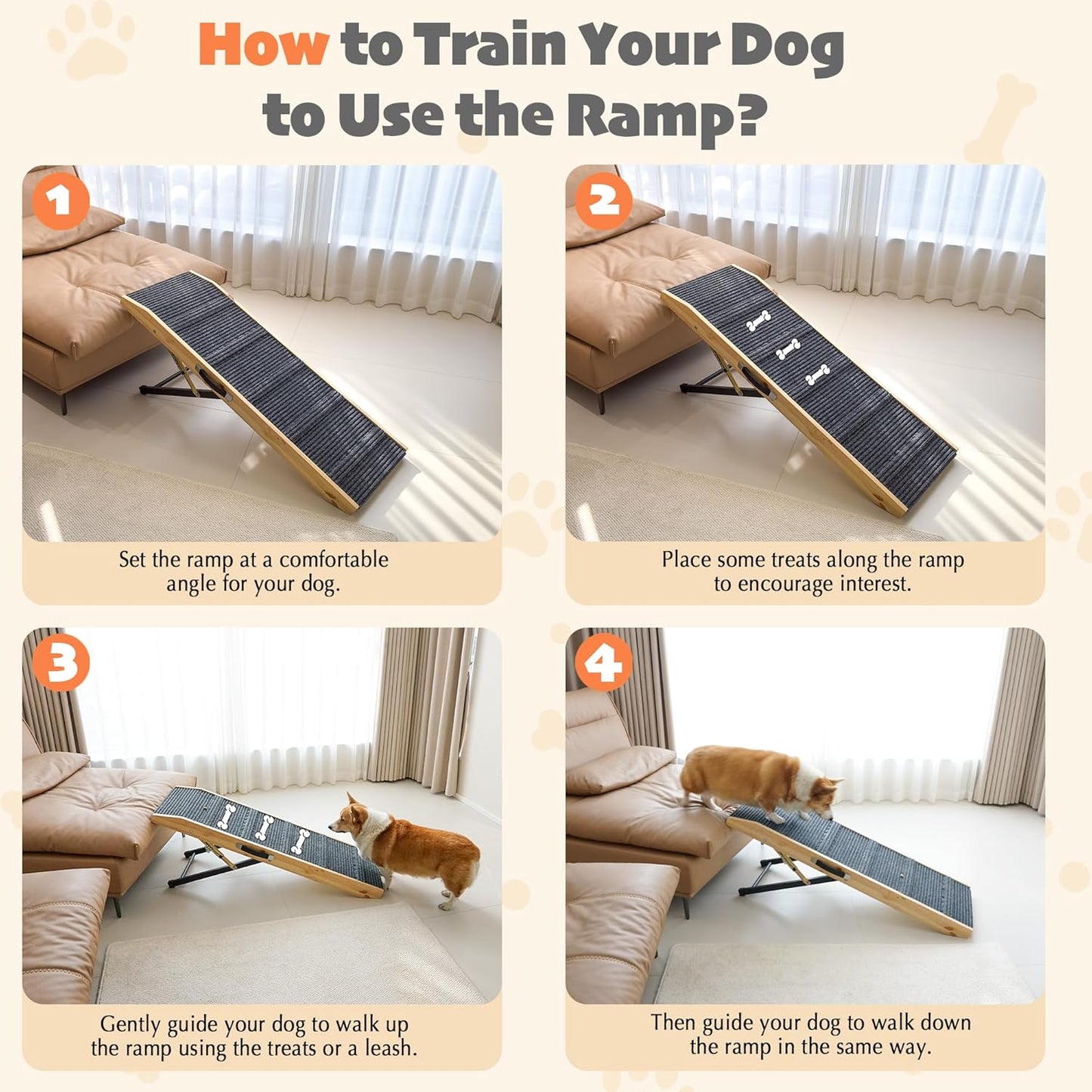 PETKARAY Dog Ramp for Bed, Stepless Adjustment Dog Ramp for Couch, Folding Wooden Pet Ramp for Large Dogs, 47" Long Adjustable Height 9"-24", Natural