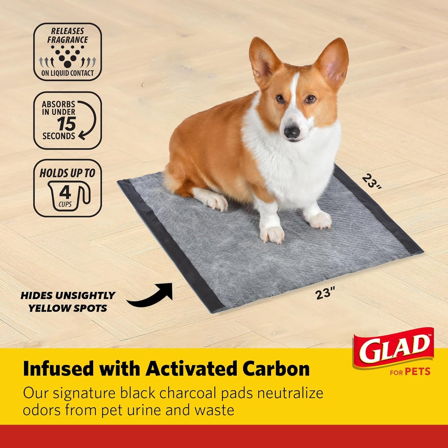 Glad for Pets Dual Action Freshness Activated Carbon Puppy Training Pads with Fragrance Release, Scented Pee Pads, Ultra Absorbent, Odor Control. 23"x23" 30ct