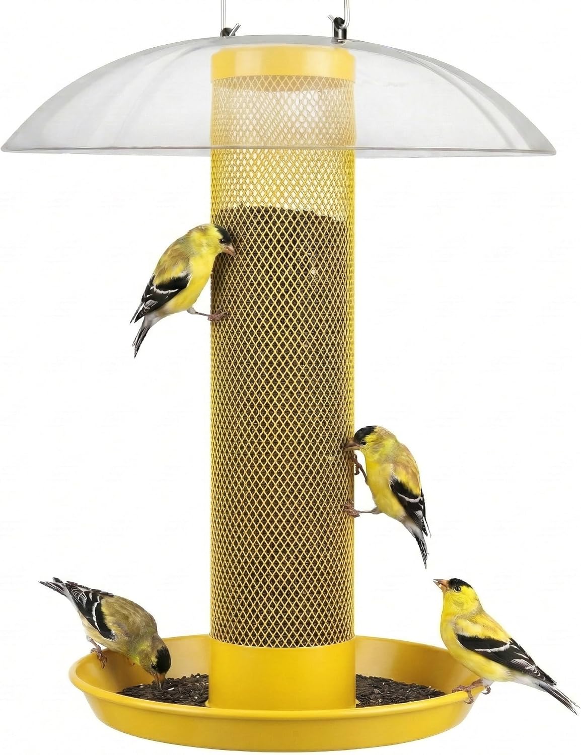 Kingsyard Finch Bird Feeder for Outdoors Hanging, Metal Mesh Tube Bird Feeders for Thistle & Nyjer Seed, Large Removable Tray & Rainproof Dome, 2.5 lbs Seed Capacity, Yellow