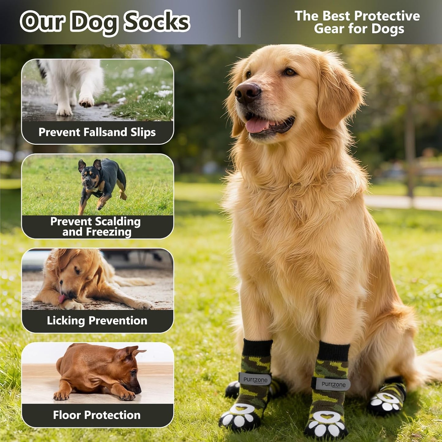 6 Pcs Non-Slip Dog Socks with Paw Grips Indoor, Cute Socks for Hardwood Floors, Winter Snow, Hot Pavement, Paw Protector Socks (Green Camouflage, Large)