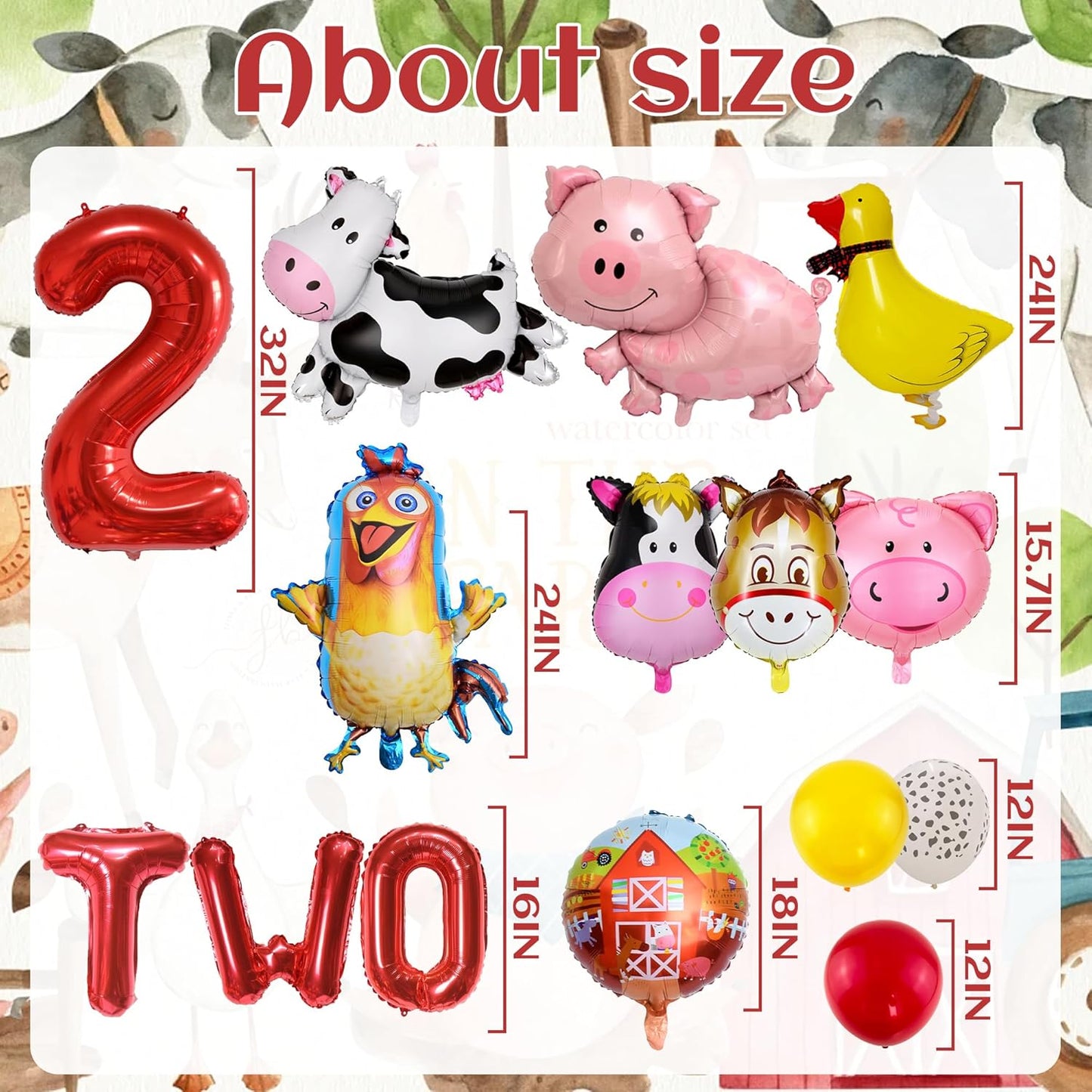 Farm Birthday Party Supplies 2 Year Old Farm Balloons Set Includes Round Farm Animal Letter Number 2 Foil Latex Balloons, Suitable for Farm Party
