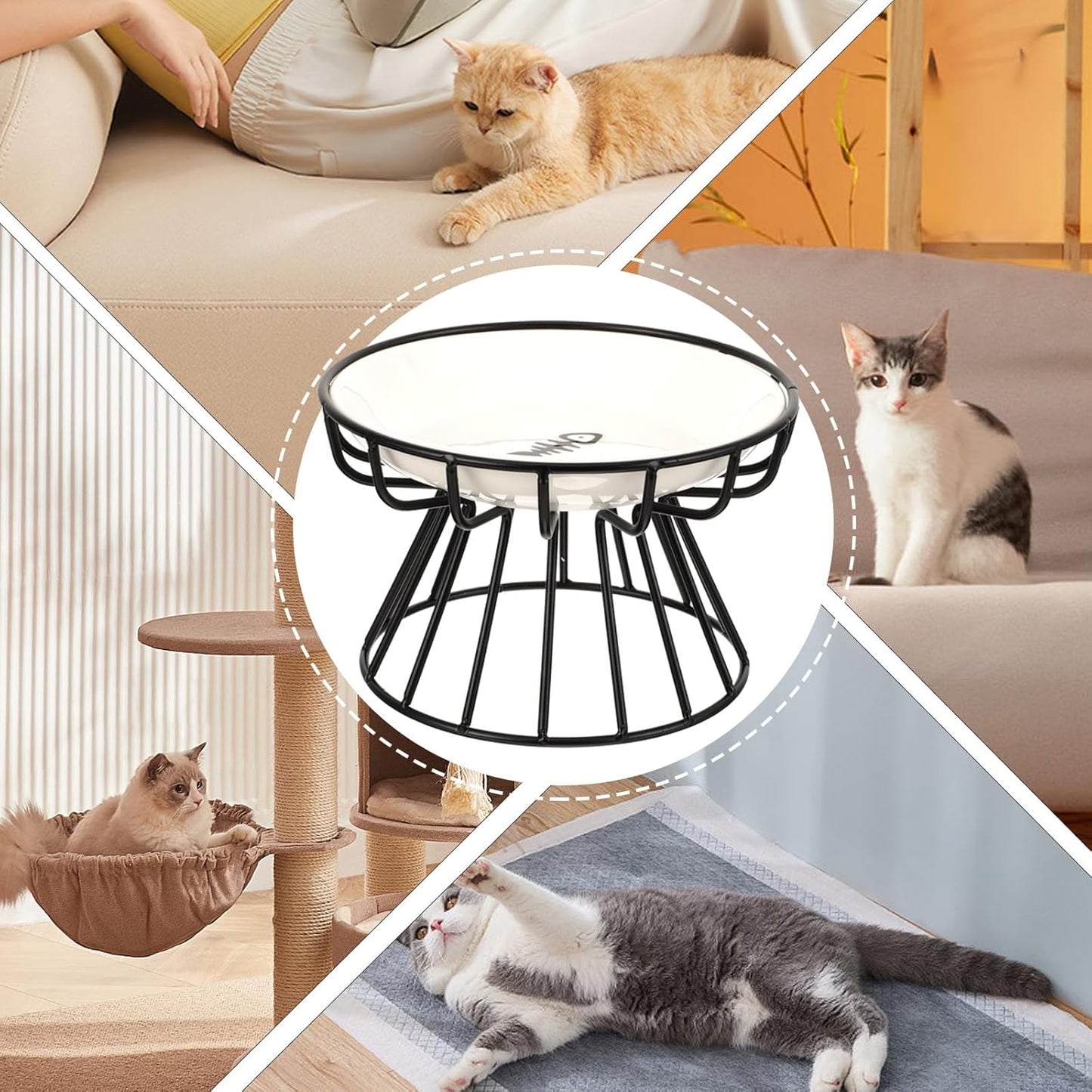 FAVOMOTO Ceramic Elevated Cat Food Bowl with High Base and Black Iron Stand, Whisker-Friendly Raised Pet Feeder for Cats and Kittens, Anti-tip Non-Slip Design for Indoor Feeding