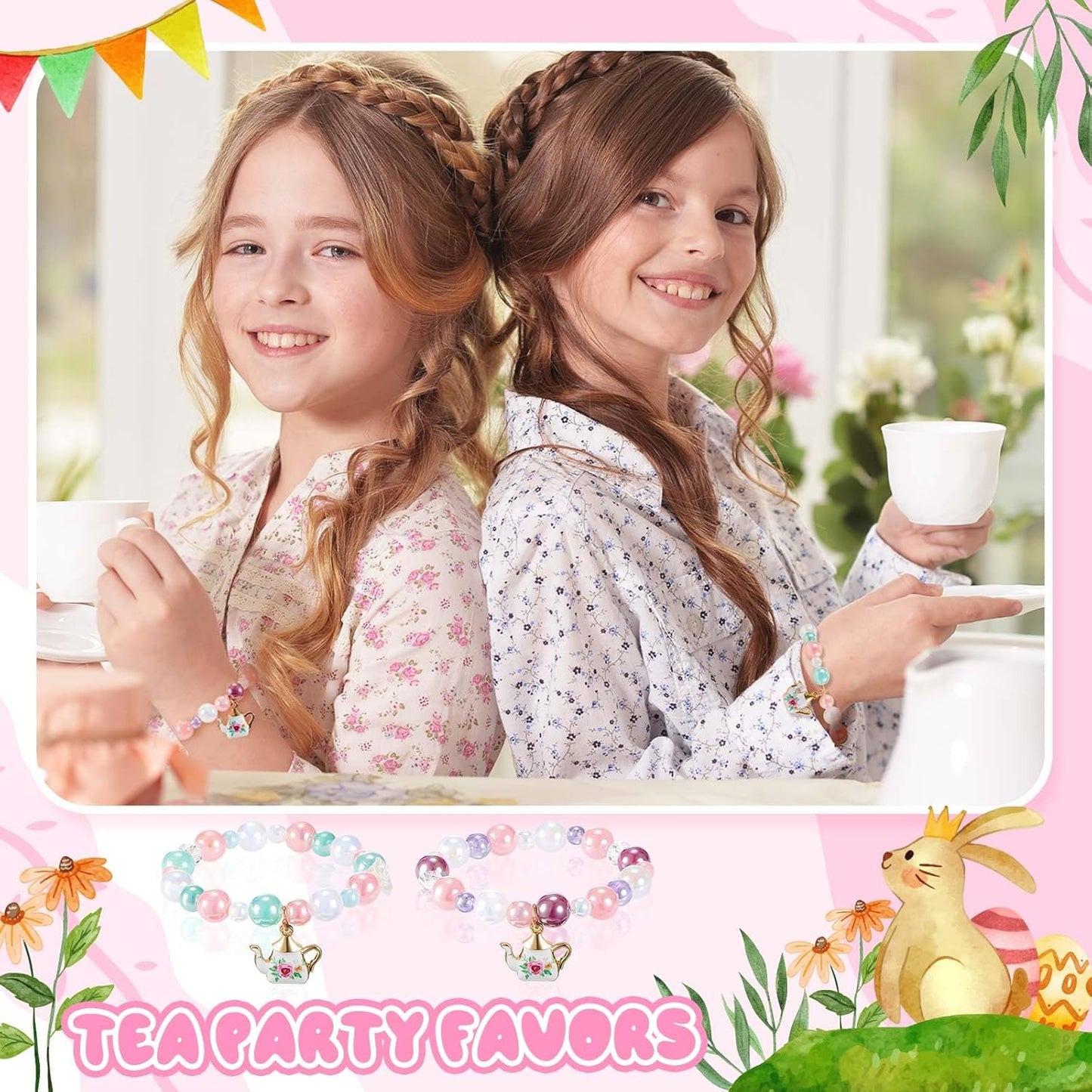 Ecally 12 Pcs Tea Party Favors Bracelet Bulk Tea Pot Beaded Easter Bracelet Party Supplies Pendant Accessories Princess Decorations for Kids Girl