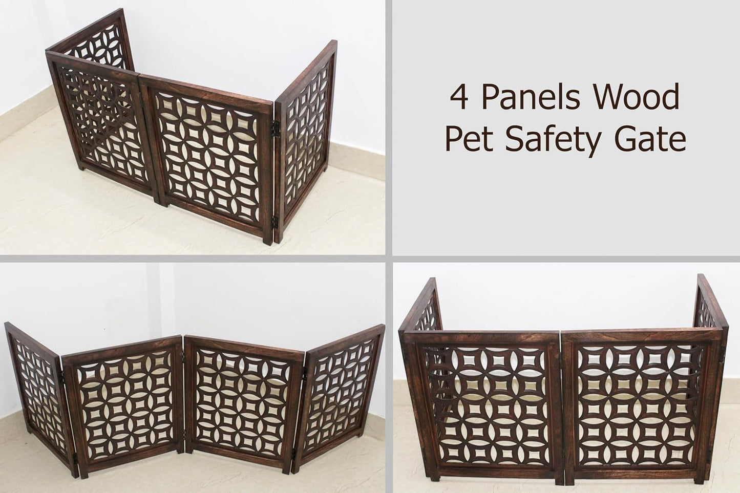 Wooden Foldable Pet Dog Safety Gate -4 Panels 20"Wx24"H- Hand Carved Solid Wood And MDF - Free Standing Portable Indoor Doorway Hall Stairs Dog Puppy Fence - Fully Assembled - Antique Brown -IRONGATE