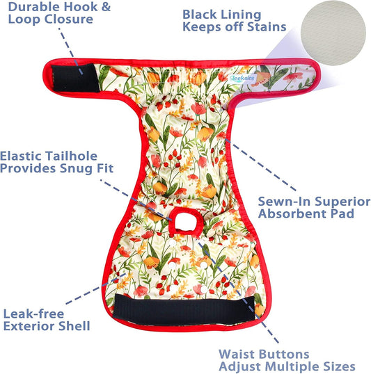 Leekalos Reusable Washable Dog Diapers Female (3 Pack) - Highly Absorbent Doggie Diapers - Size Adjustable Puppy Diapers for Dog Period Panties (Small, Flora)