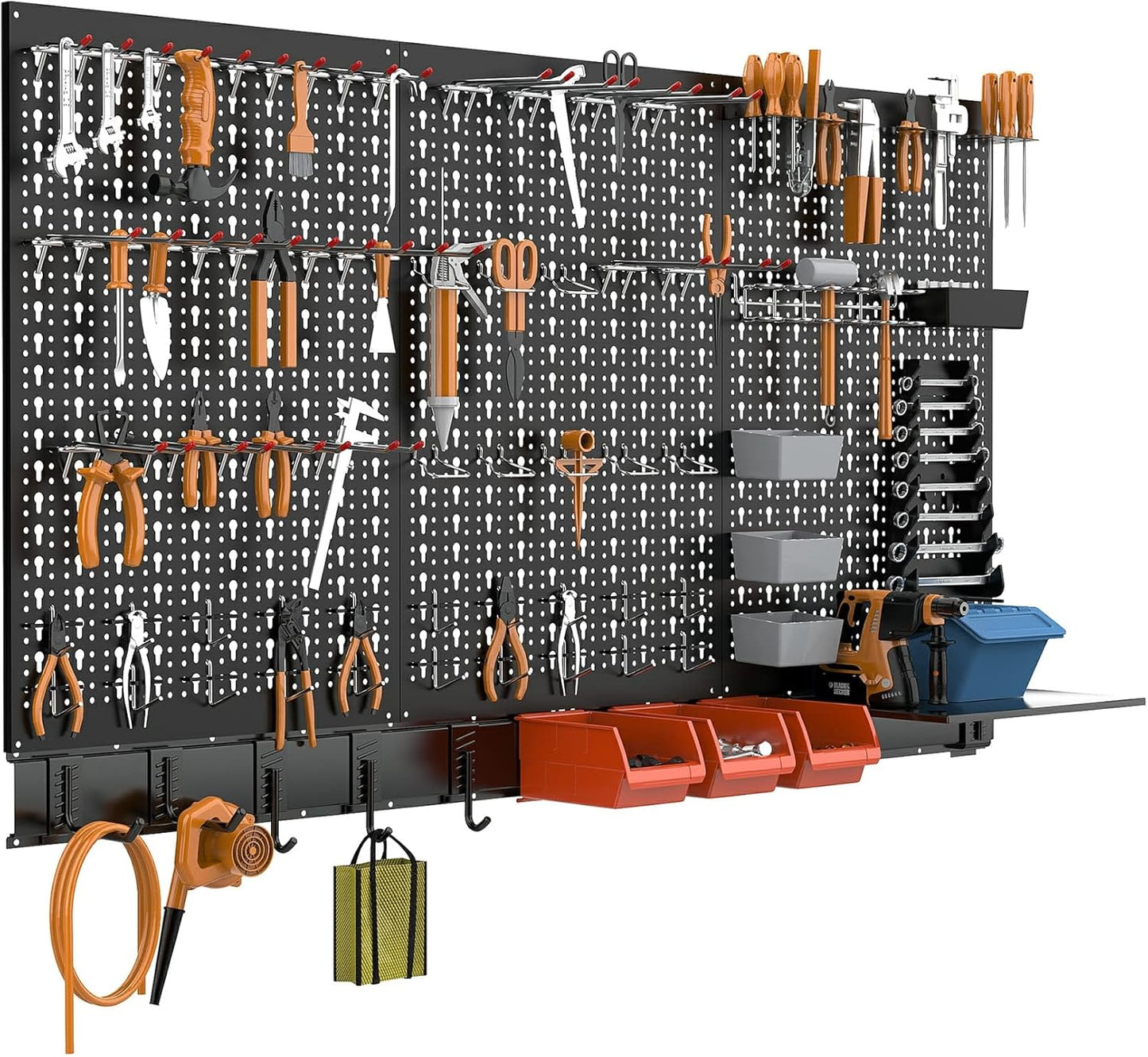 TORACK Metal Pegboard Wall Organizer for Garage, 109PCS Pegboard Accessories Organizer Kit with Pegboard Bins, Hooks, Peg Locks, Pegboard Storage System for Workbench, Garage, Shop, Shed(Black)