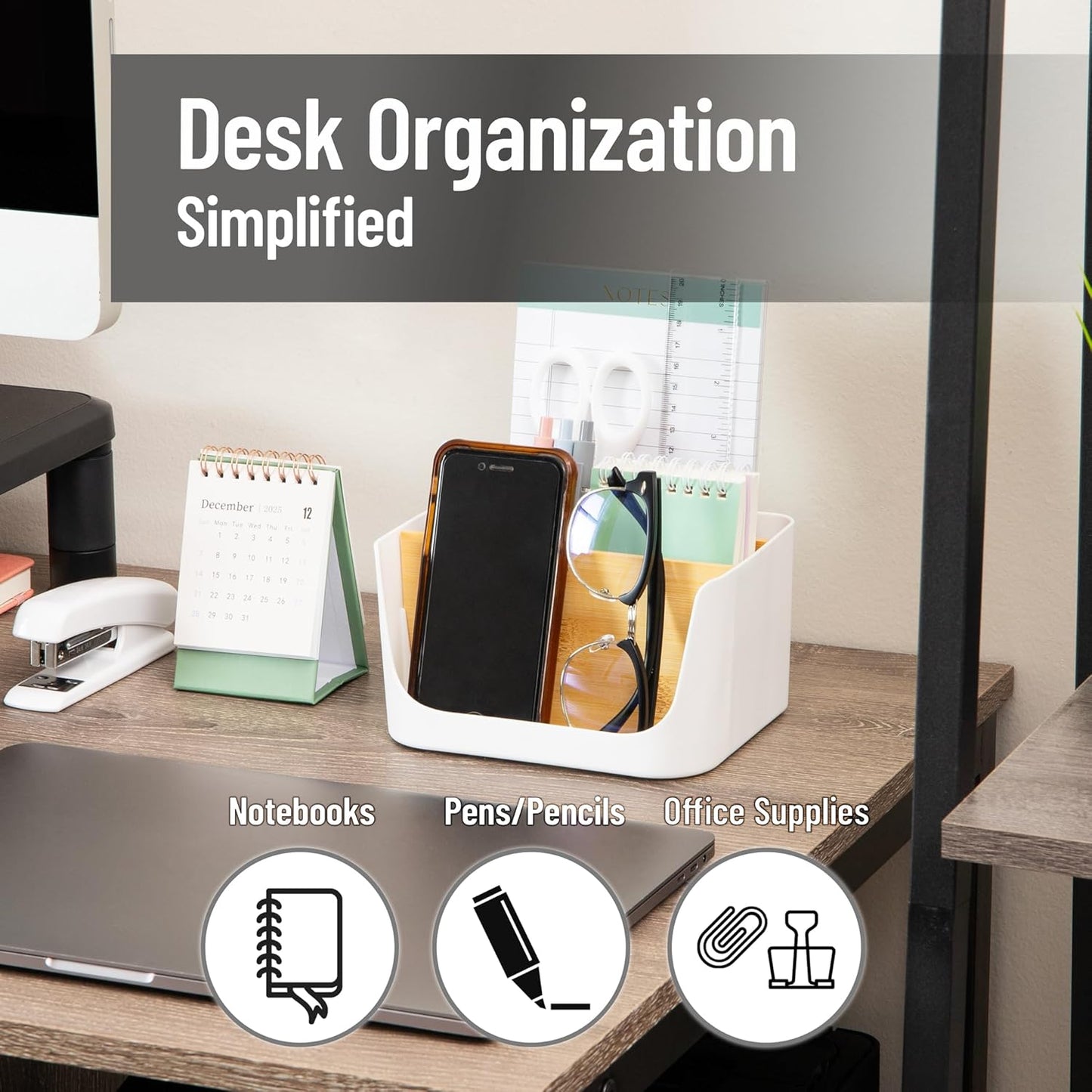 Mind Reader 5-Compartment Desktop Organizer, Adjustable Caddy, Plastic and Wood, White
