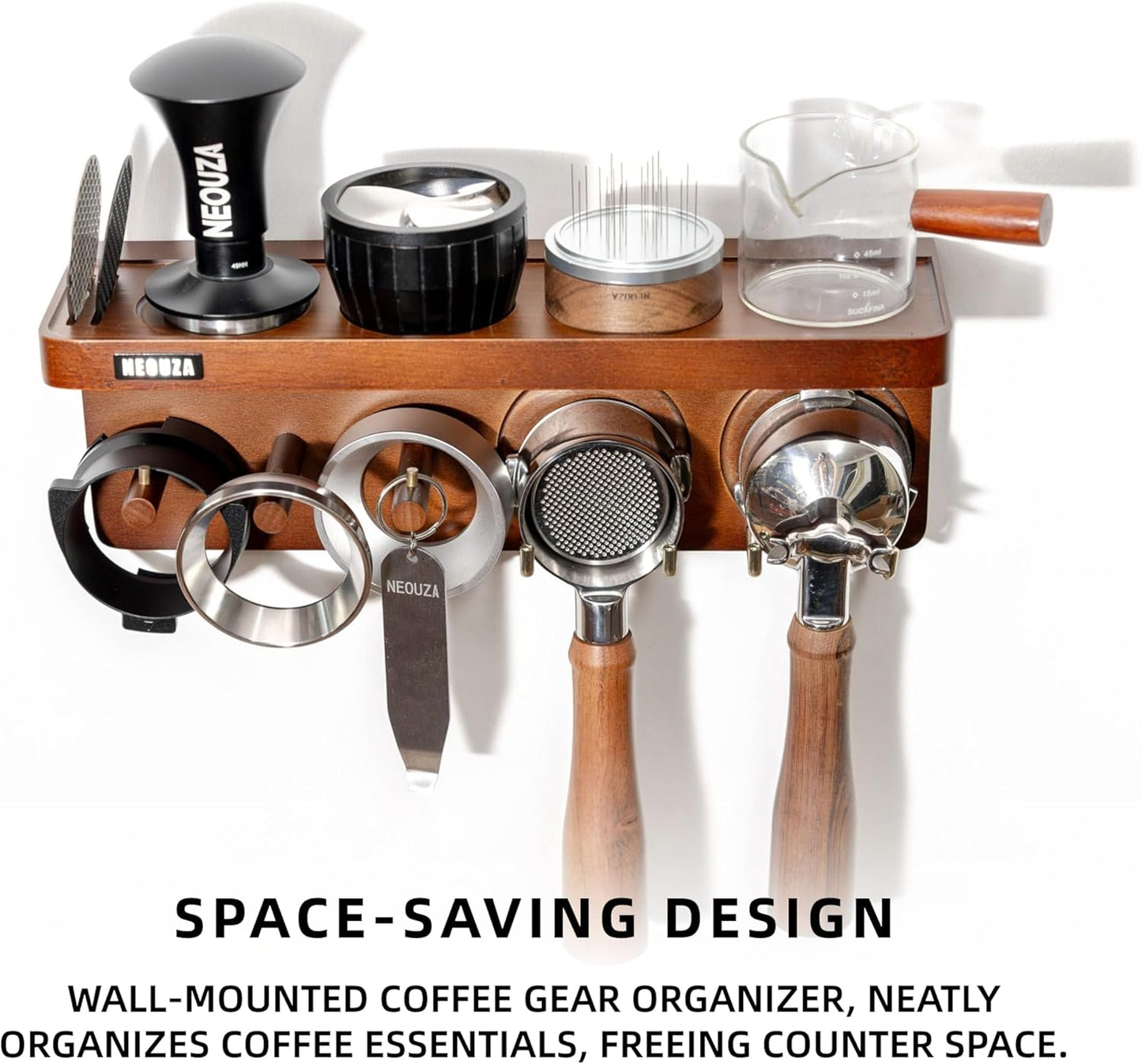 NEOUZA Espresso Accessories Holder Station Wall Mounted Organizer for 51/53/58mm Coffee Tamper Distributor Portafilter Storage Shelf for Bar Home Office