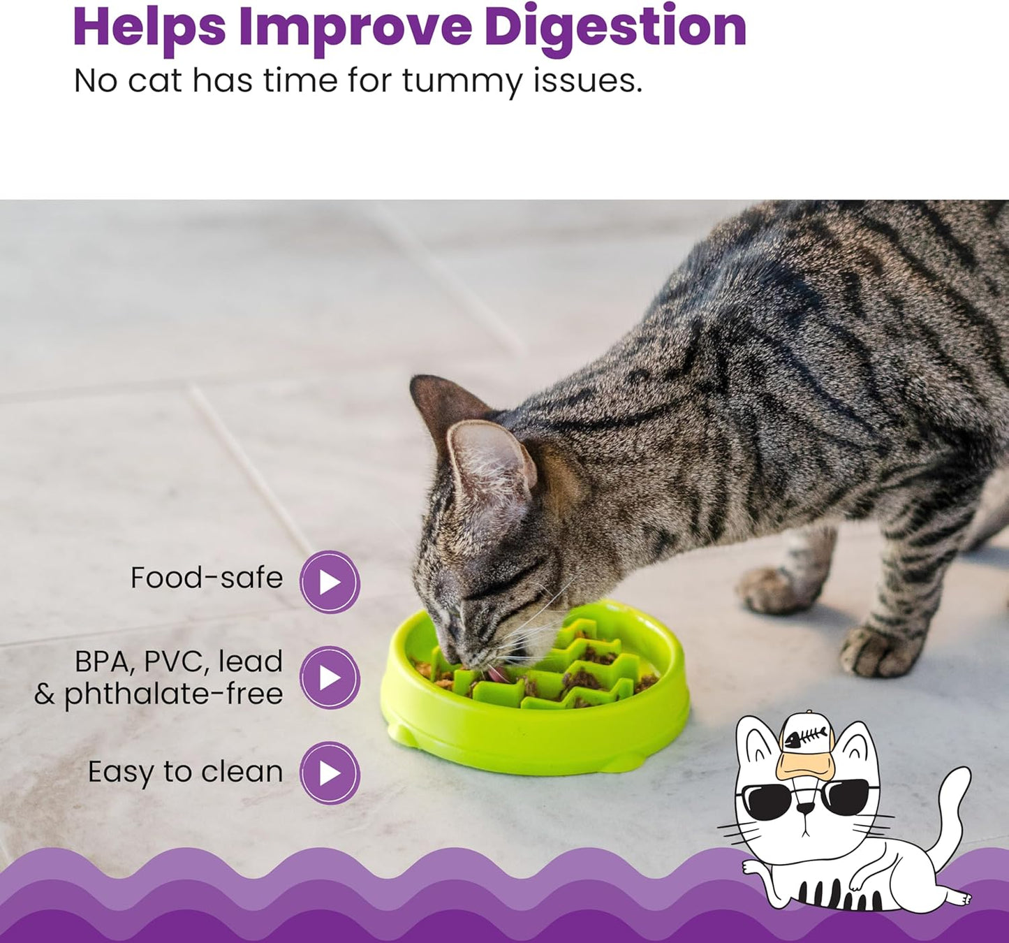 Catstages Kitty Slow Feeder Bowl for Cats & Small Dogs, Puzzle Dish for Fast Eaters, for Wet or Dry Food, Helps Slow Eating & Aid Digestion, Non-Slip, Made Without BPA, 3/4 Cup, 5-Inch, Green