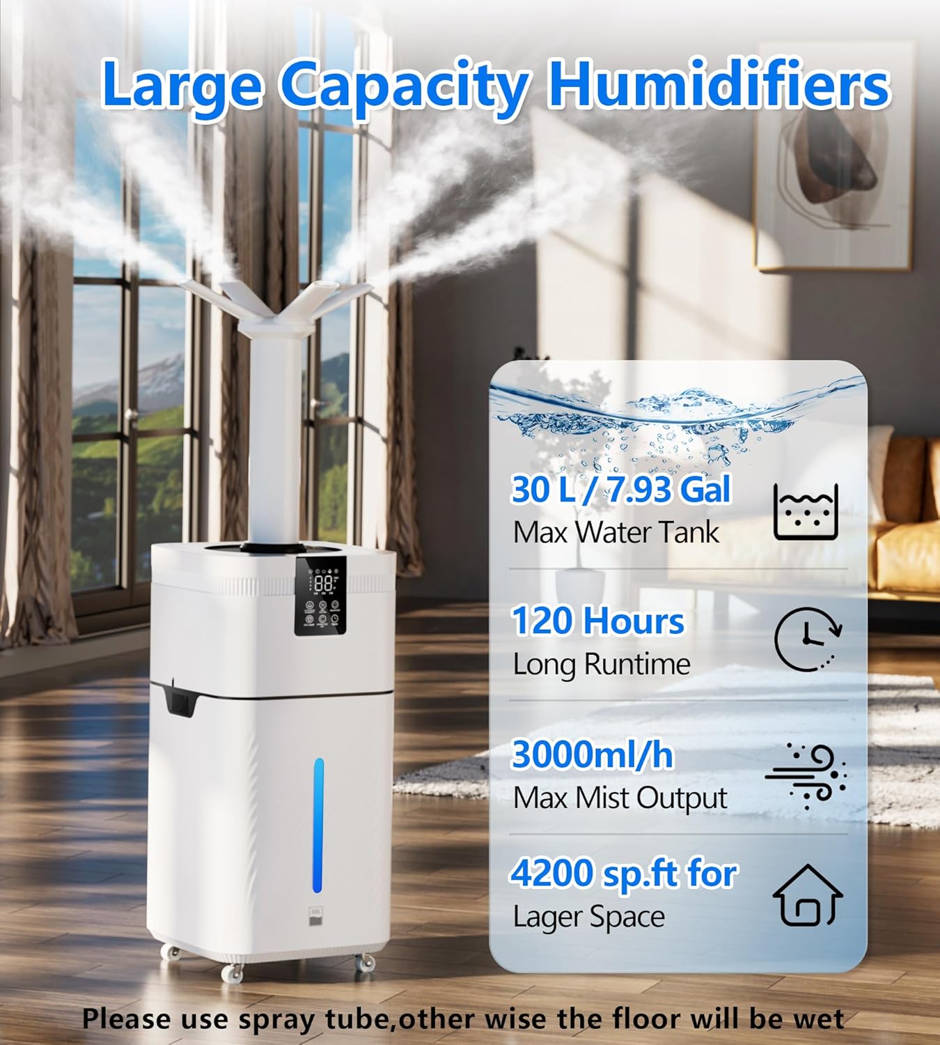 30L/7.93Gal Commercial Humidifier for Large Room 4200 sq ft, 3000mL/H Whole House Humidifiers with Supersized Cool Mist,Quiet Humidifiers for Bedroom, Home,Office, Plants, Warehouse