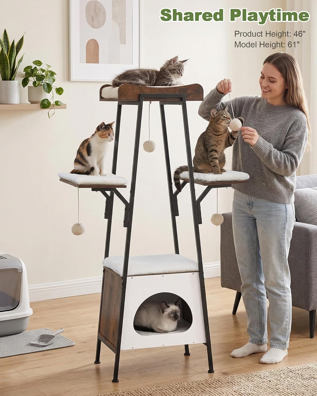 46-Inch Modern Cat Tree Tower for Large Cats, Multi-Level Cat Tower with Playful Toy Balls, Large Perch, Cat Condo, Removable Pads, White