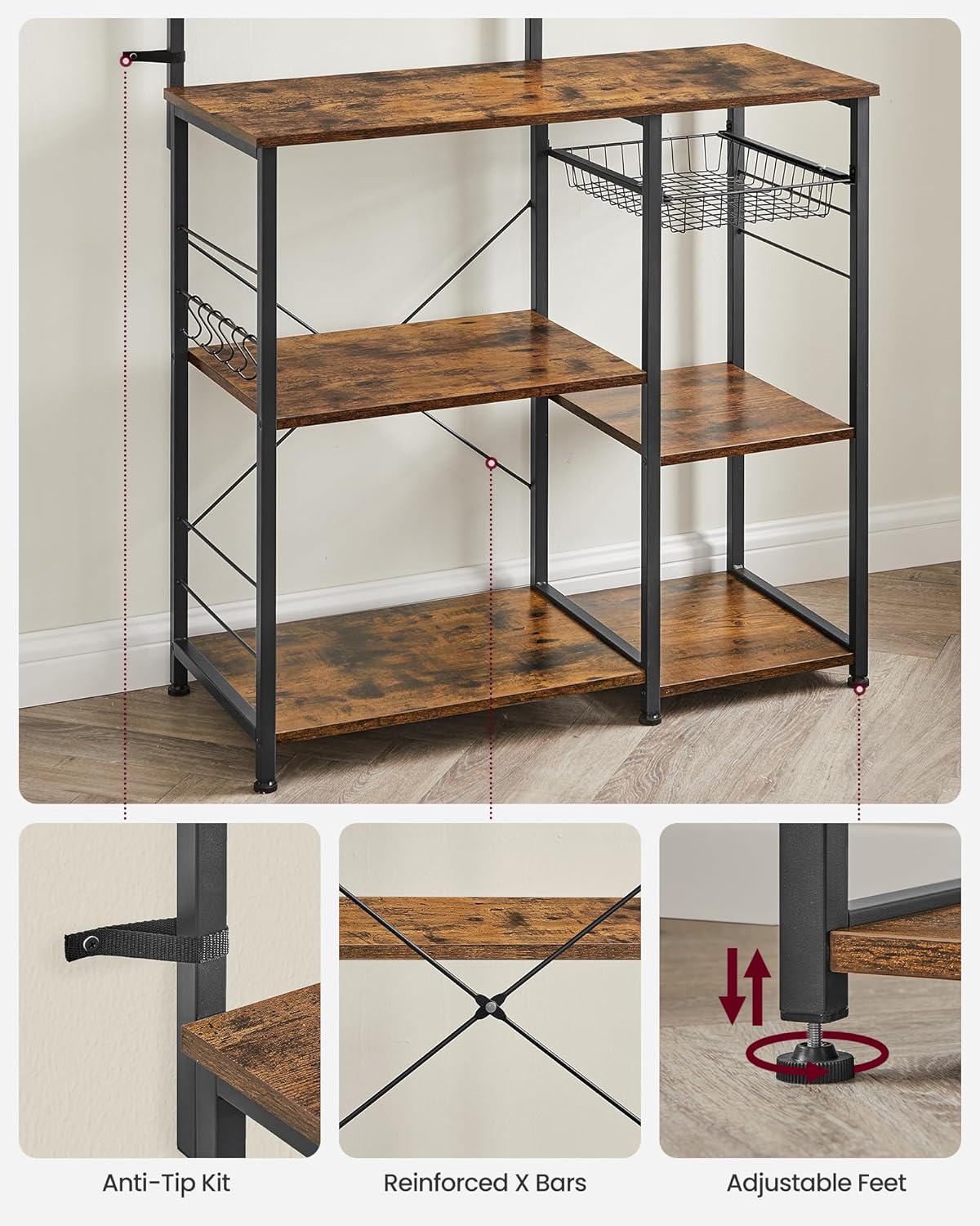 VASAGLE Baker's Rack, Microwave Stand, Kitchen Storage Rack with Wire Basket, 6 Hooks, and Shelves, for Spices, Pots, and Pans, Rustic Brown and Ink Black UKKS35X