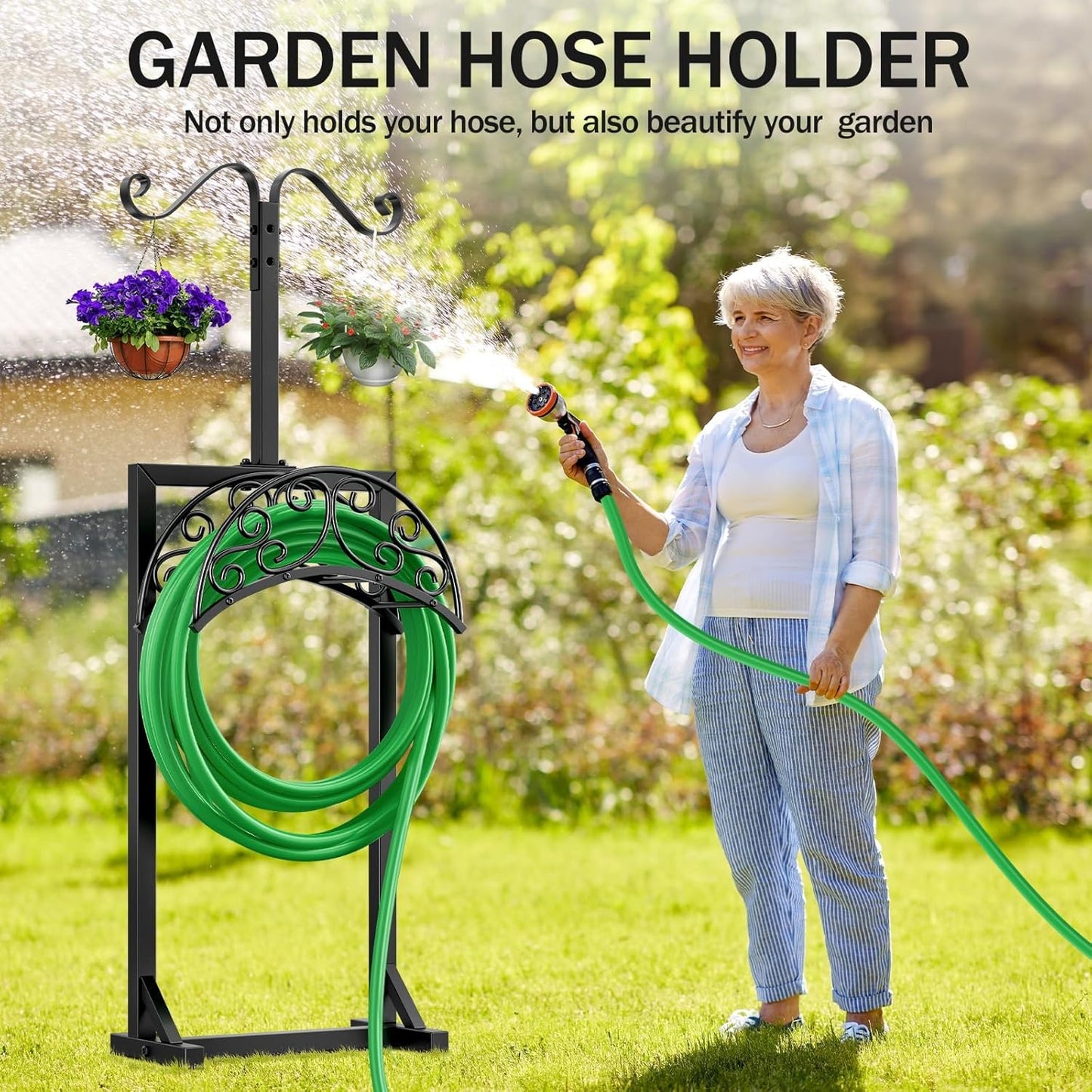 Garden Hose Holder for Outside - Upgraded Water Hose Holders with 5 Spikes & 2 Shepherds Hooks, Freestanding Hose Stand Heavy Duty Hose Hanger Hose Storage Hose Reel Rack for Outside Yard Lawn | for Outside, Upgraded, Hose Stand, Heavy Duty, Hose Hanger,