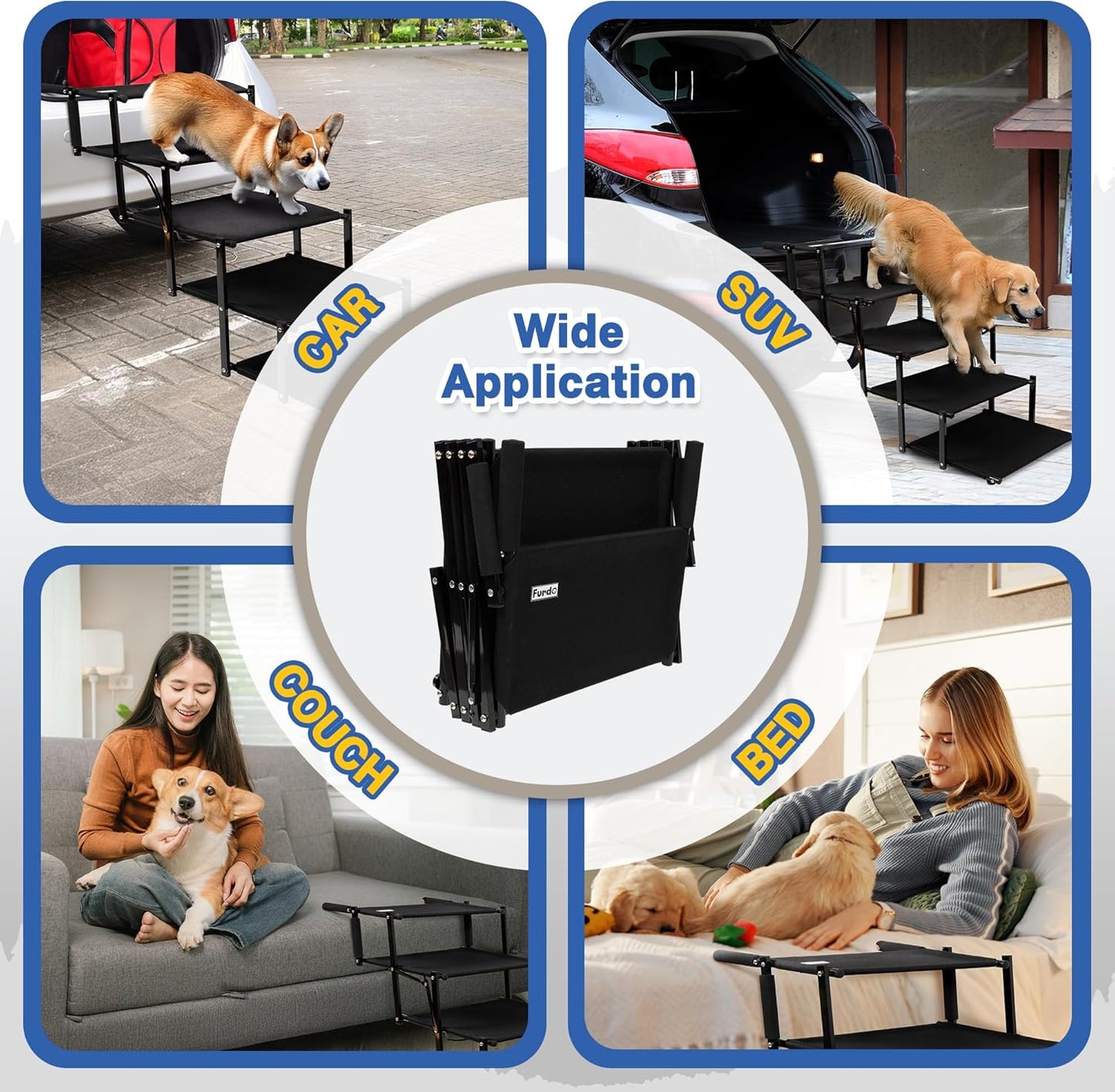 Dog Stairs for Large Dogs, for Medium Dogs, Foldable Dog Ramp for Car & SUV, Steps for Bed, Wide Non-Slip Pet Steps for Car Side Door, Truck & High Beds, Portable & Adjustable - 17" Wide