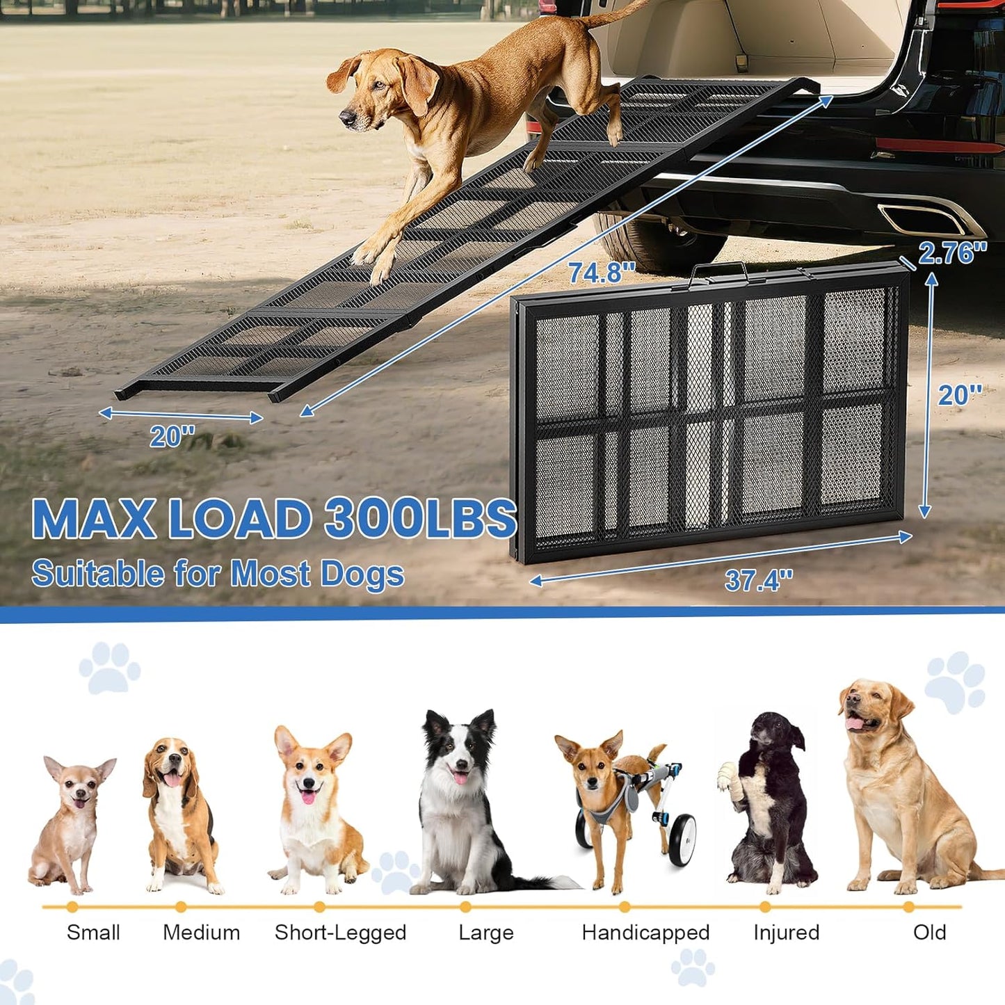 Dog Ramp for Car, 74"x 20" Large Folding Pet Stair Ramp with Non-Slip Mesh, Extra Wide Dog Steps for Medium & Large Dogs Up to 300LBS, Outdoor Portable Dogs Cars Ramp for Car SUV, Truck, RV