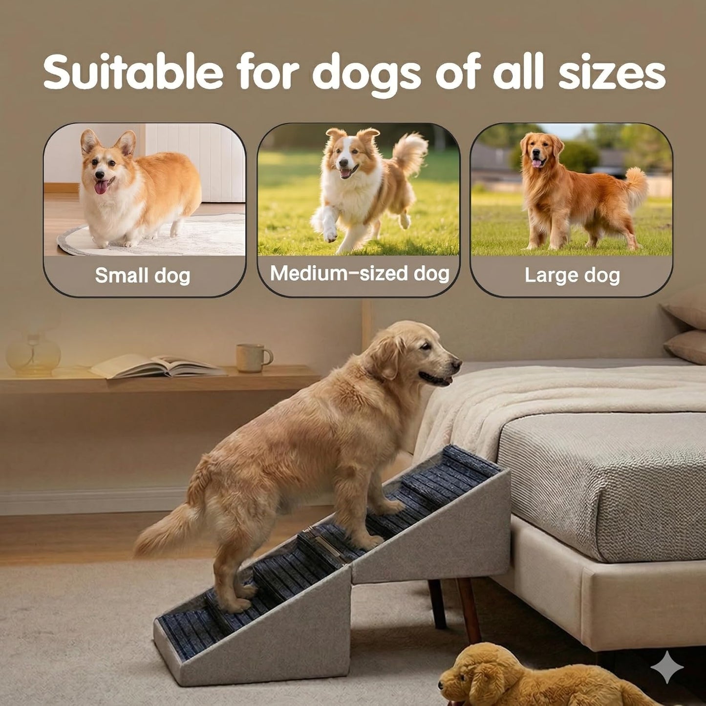 2-in-1 Dog Stairs for Bed and Couch, 21.6 Inch High,Foldable Ottoman with 6 Steps, Joint Relief for Small and Large Dogs (Beige H 21.6")
