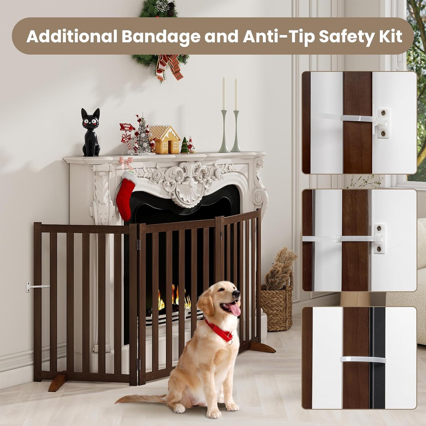 Wire Dog Gate Solid Wood Frame, Anti-Chewing, 3-Panel, 30" Height, 60" Width, Indoor Freestanding Pet Gate Foldable Wooden Dog Fences for Stairs, House, Doorway, Walnut
