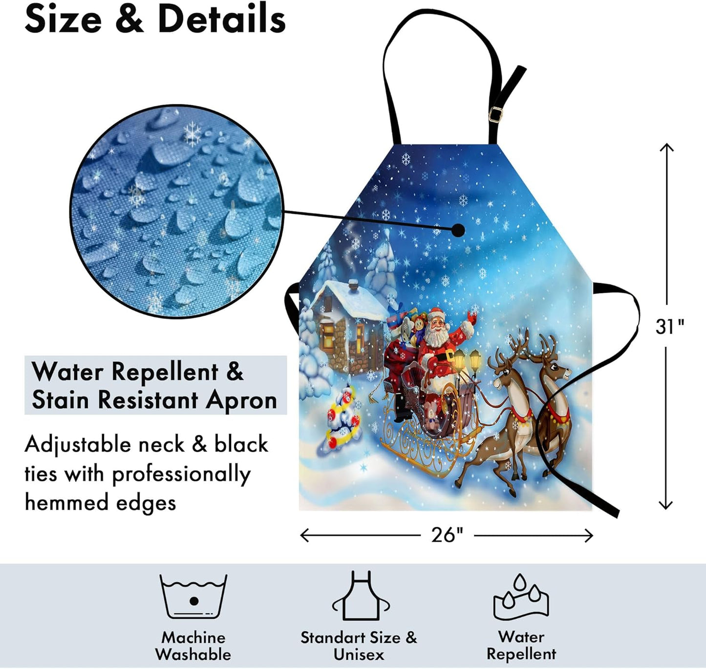Ambesonne Christmas Apron, Santa in Sleigh Reindeer and Toys Snowy North Pole Tale Fantasy Image, Unisex Kitchen Bib with Adjustable Neck for Cooking Gardening, Adult Size, Navy Blue