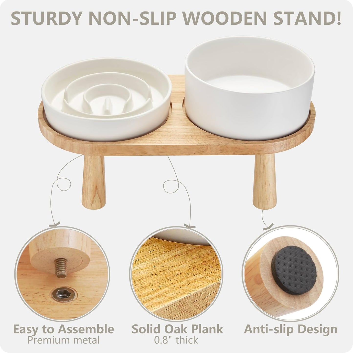Ceramic Slow Feeder and Water Bowl Set for Small Dogs, 6.0 Inch Ceramic Dog Bowls Elevated with Wooden Stand, 0.6 Cups Dog Slow Feeder(14oz) and 30oz Water Bowl Set, White