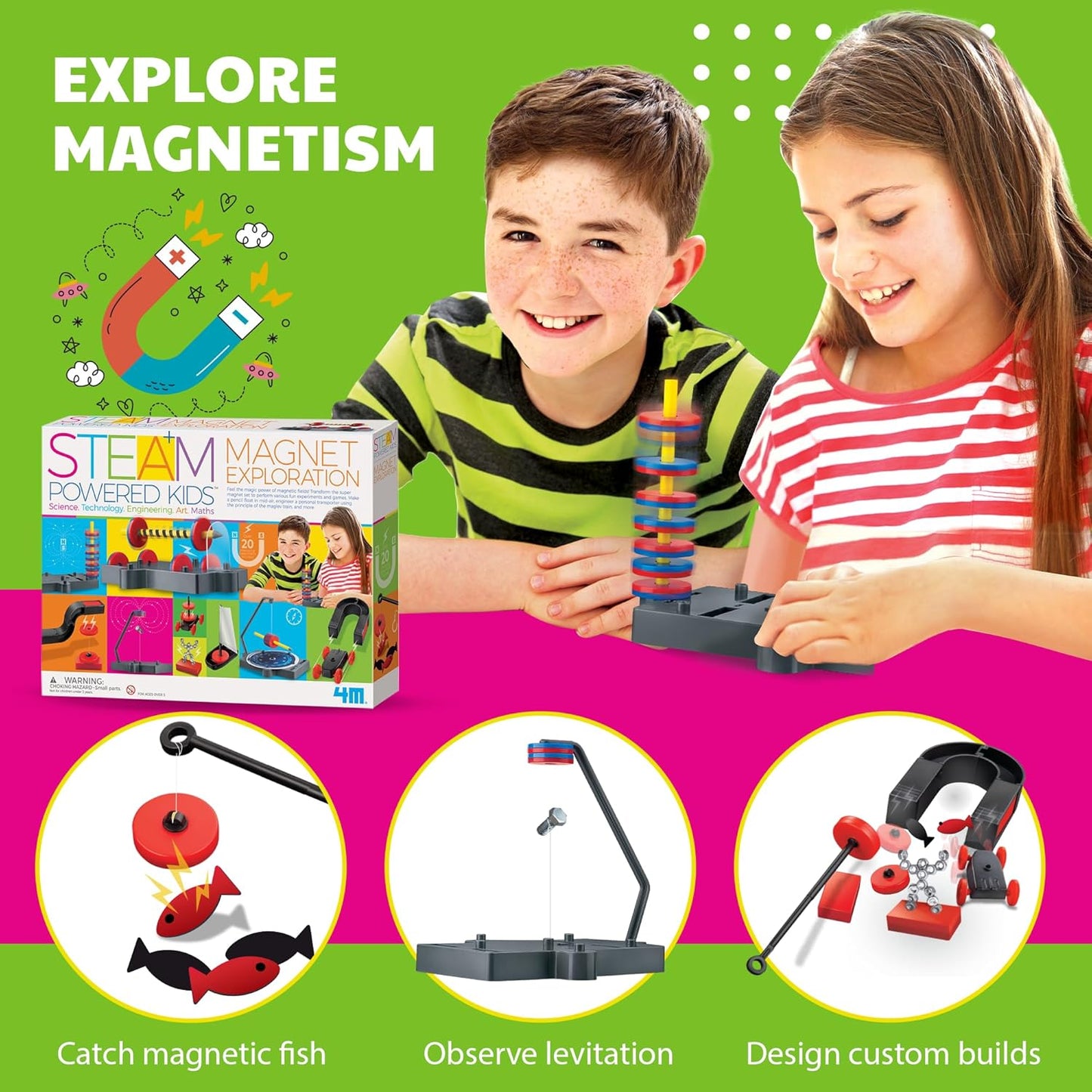 4M - STEAM Magnet Exploration - Hands-On Science Kit with Magnetic Toys Experiments for Kids Ages 5+ - Includes Magnet Toys Wand, U-Shaped Magnet, More - Educational STEM Toy GIF, Magnet Science Kit