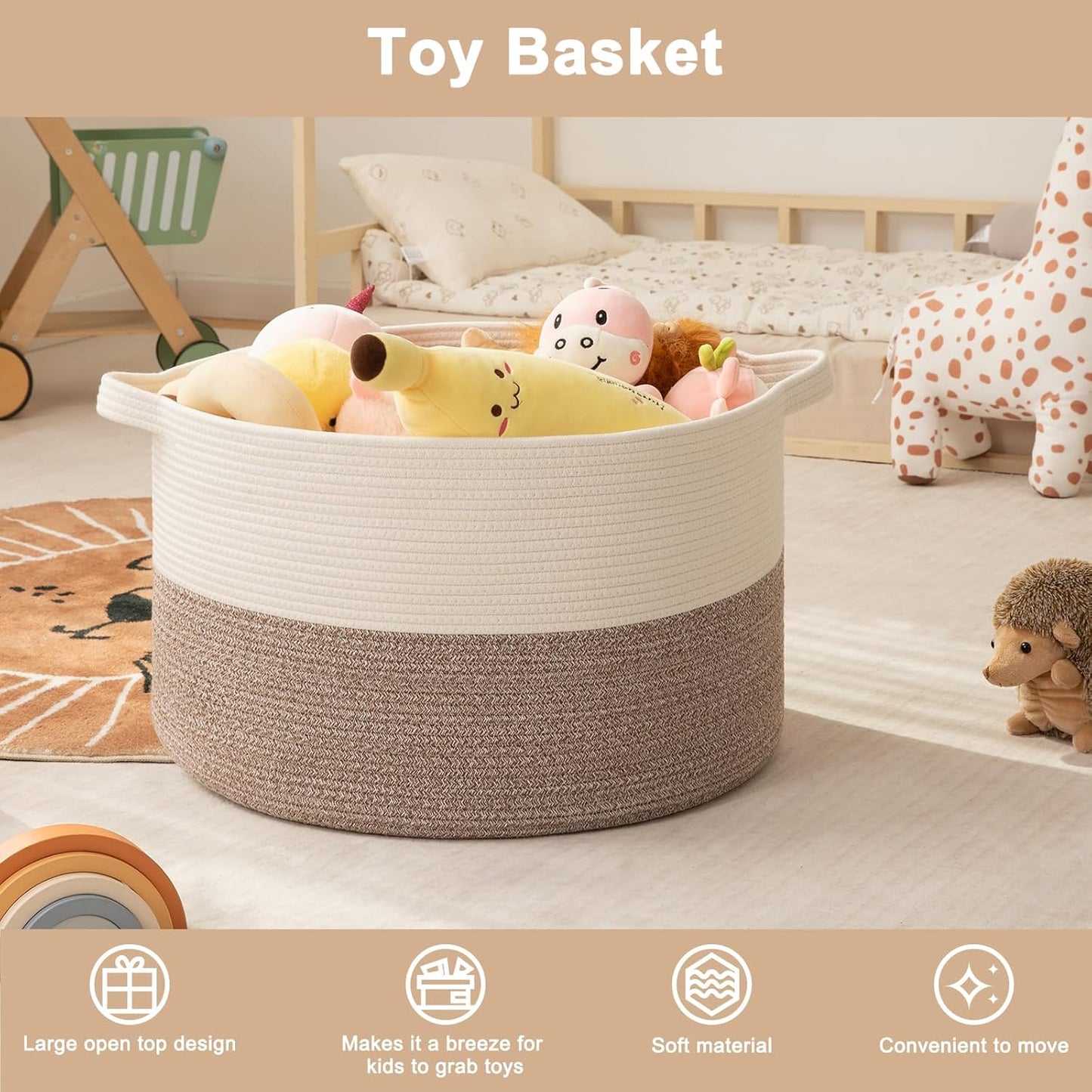 OIAHOMY 115L Extra Large Blanket Basket, 23.6" x 15.4" Woven Cotton Rope Laundry Basket for Organizing Pillows, Decorative Stuffed Animal Toy Storage Bin for Nursery, White and Linen Brown