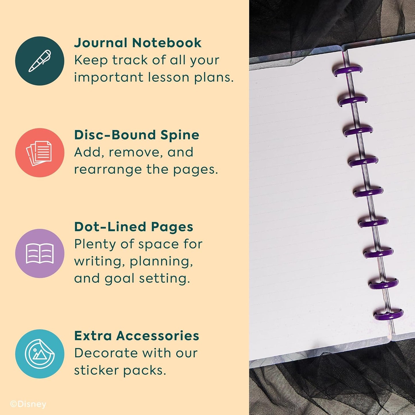 Happy Planner Disney Villains Notebook for Office, School or Journaling, Disc-Bound Notebook, Classic Size, 7" x 9.25", 60 Dot-Lined Pages, Made for Mayhem