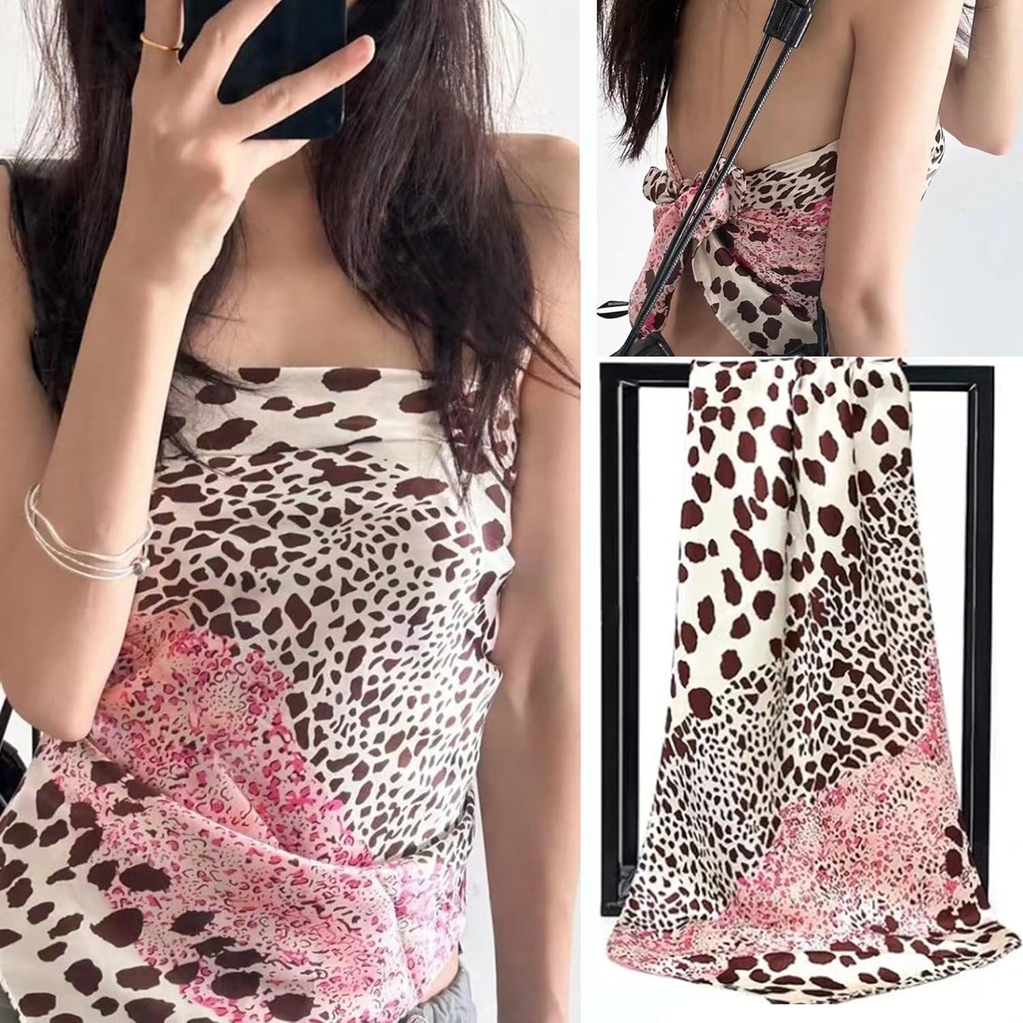 Women's Silky Satin Large Head Scarf Leopard/Paisley Neck Scarves Square Hair Wrapping Sleeping Bandana 35in