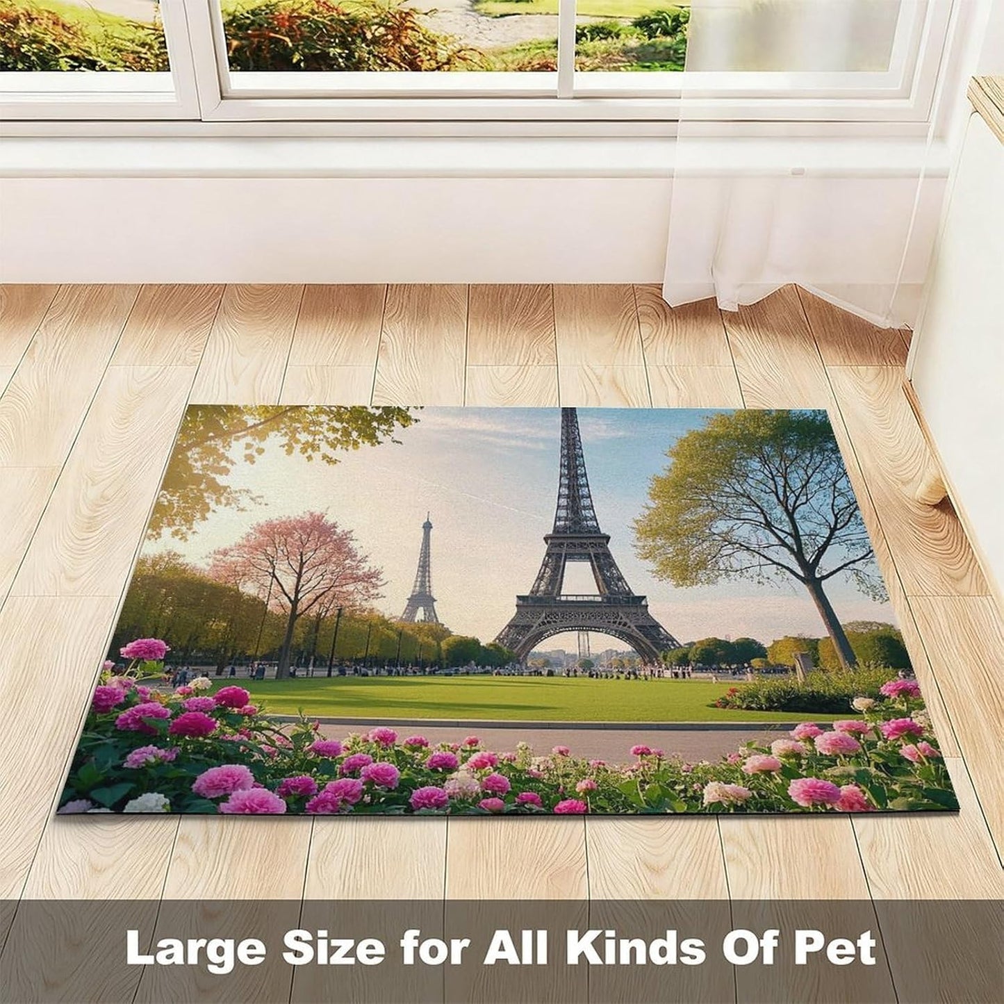Dog Food Mat Pet Leather Tablecloth Paris Eiffel Towers Flower Pet Feeding Mat Anti-Slip Dog Bowl Mats Absorbent Pet Placemats for Dogs Protect Floor Dogs Pad for Food and Water
