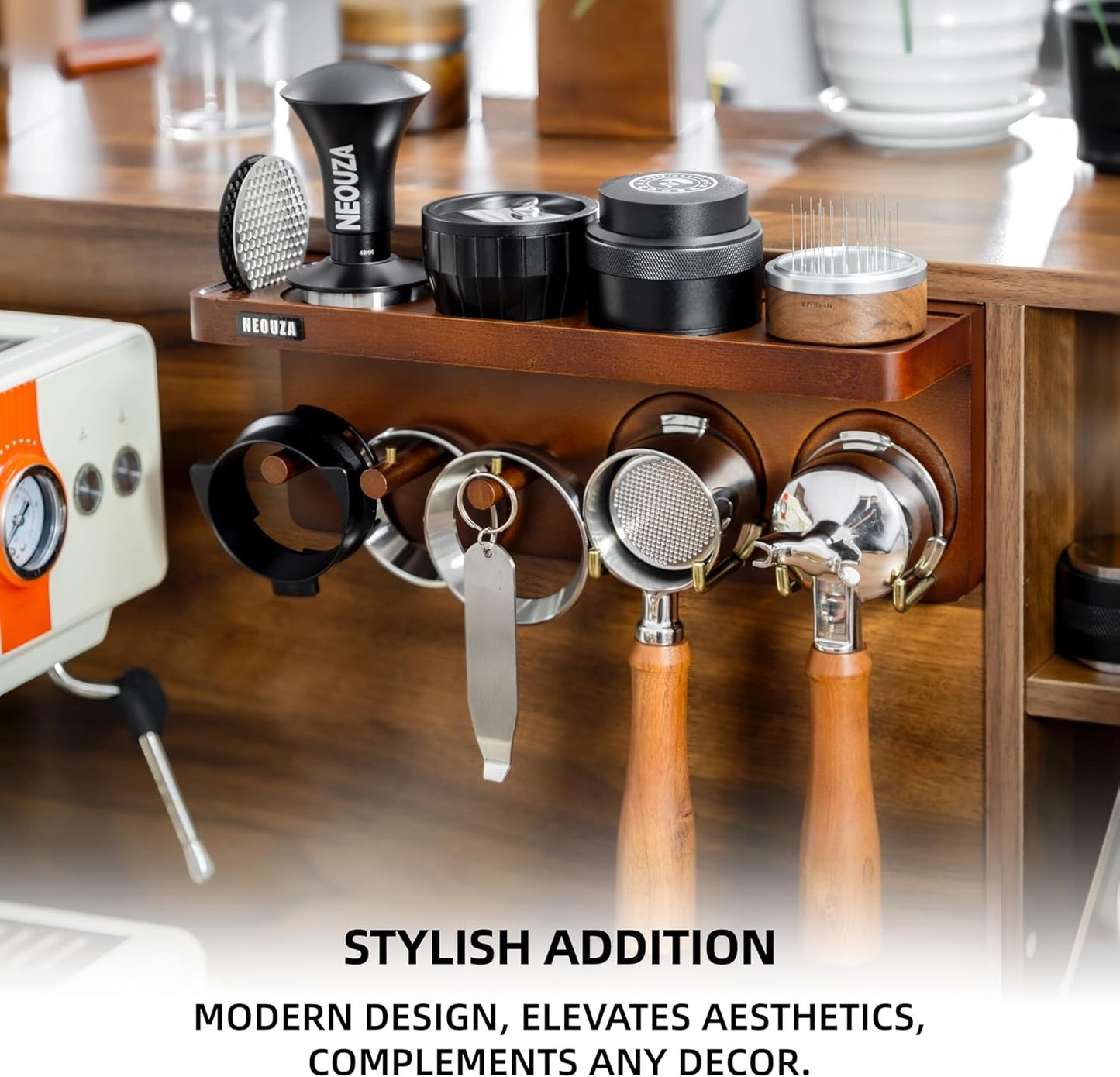 NEOUZA Espresso Accessories Holder Station Wall Mounted Organizer for 51/53/58mm Coffee Tamper Distributor Portafilter Storage Shelf for Bar Home Office