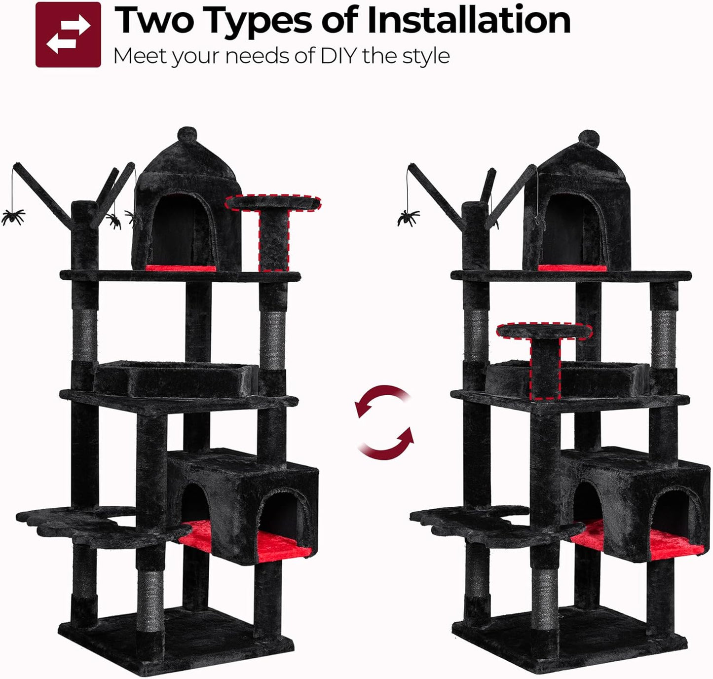 BEWISHOME Heavy Duty Cat Tree, 63 in Large Cat Trees Gothic Cat Tower with Coffin Bed, Cat Houses with Scratching Posts for Large Cats 20 lbs+, Tall cat Condos, Black & Red MMJ96R