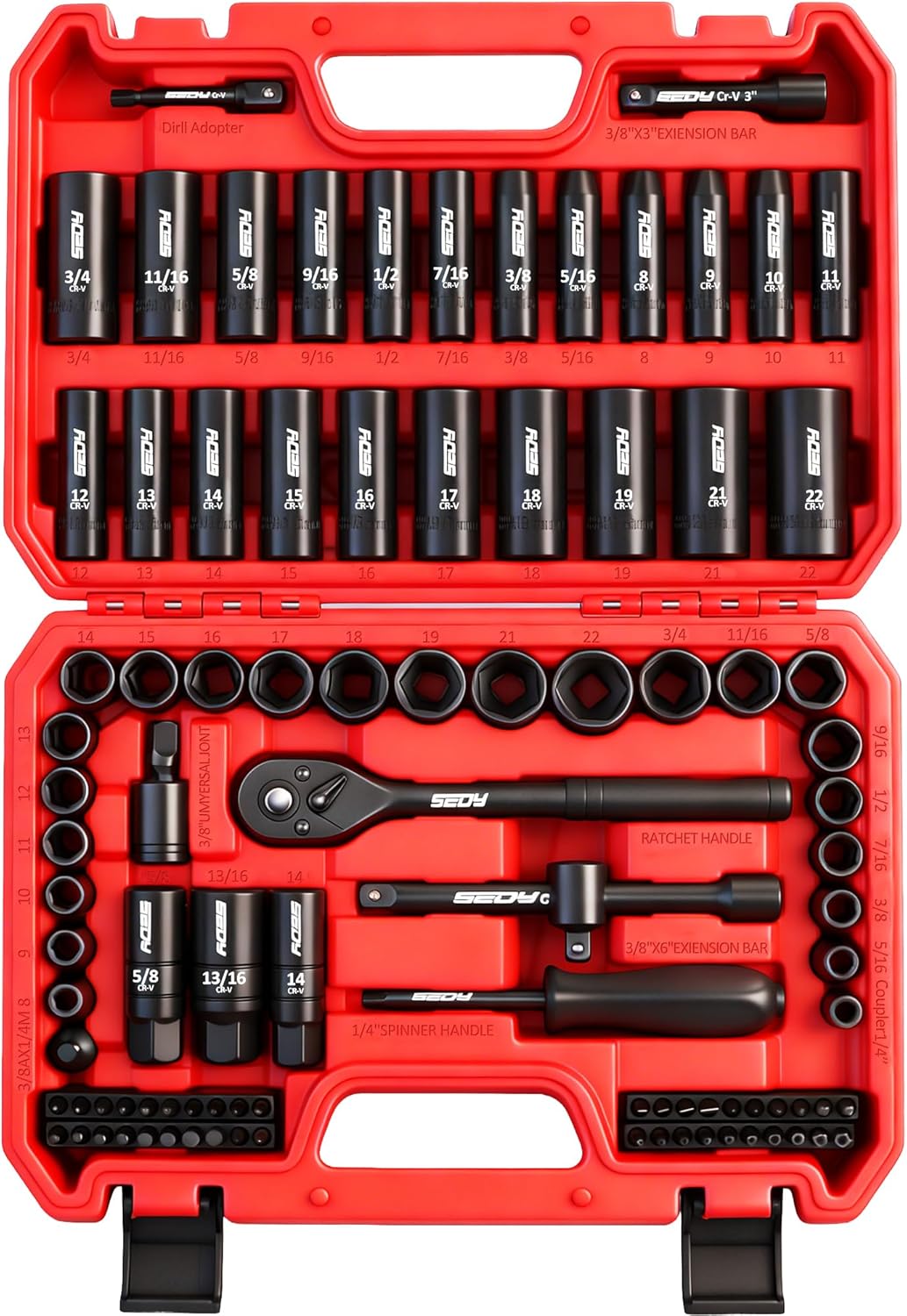 96-Piece 3/8" Drive Impact Socket Wrench and Bit Set, SAE 5/16”-3/4” & Metric 8-22mm, Cr-V Standard & Deep Sockets, Power Bits, Ratchet Handle, Universal Joint, Bit Holder, Adapters, Spark Plug Socket
