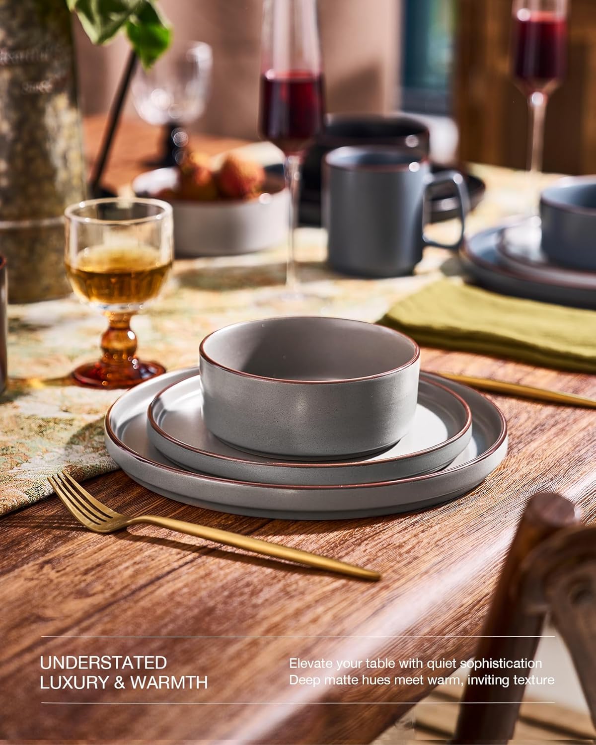 Famiware Nebula Ridge Stoneware Dinnerware Sets, Plates and Bowls Sets for 4, 12 Pieces Dishes Set, Microwave and Dishwasher Safe Kitchen Plates, Multi-color
