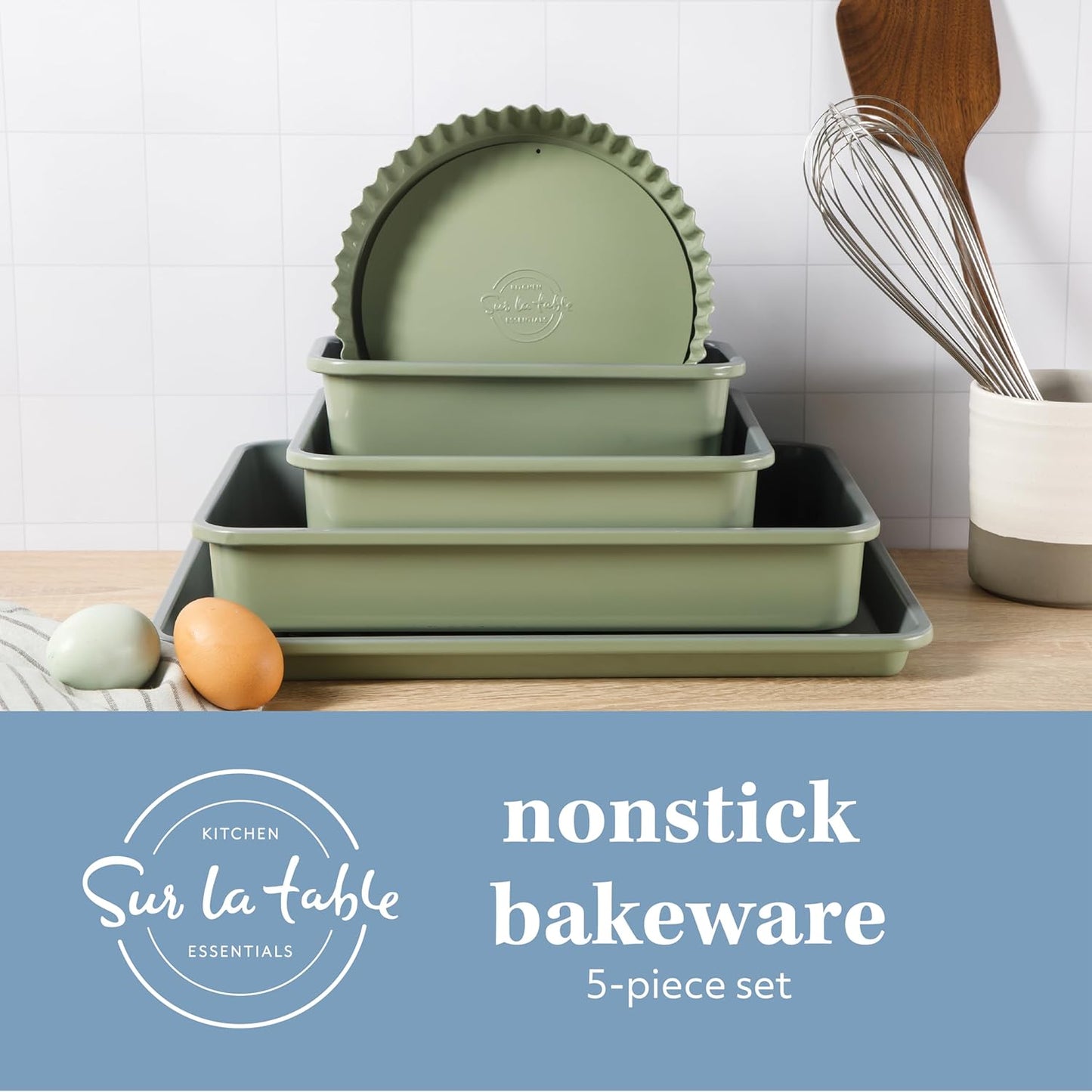Sur La Table Kitchen Essential Carbon Steel Baking Pans Bakeware Set W/Premium PFOA, PFAS, PTFE Free Grey Non stick - Juniper Green Exterior