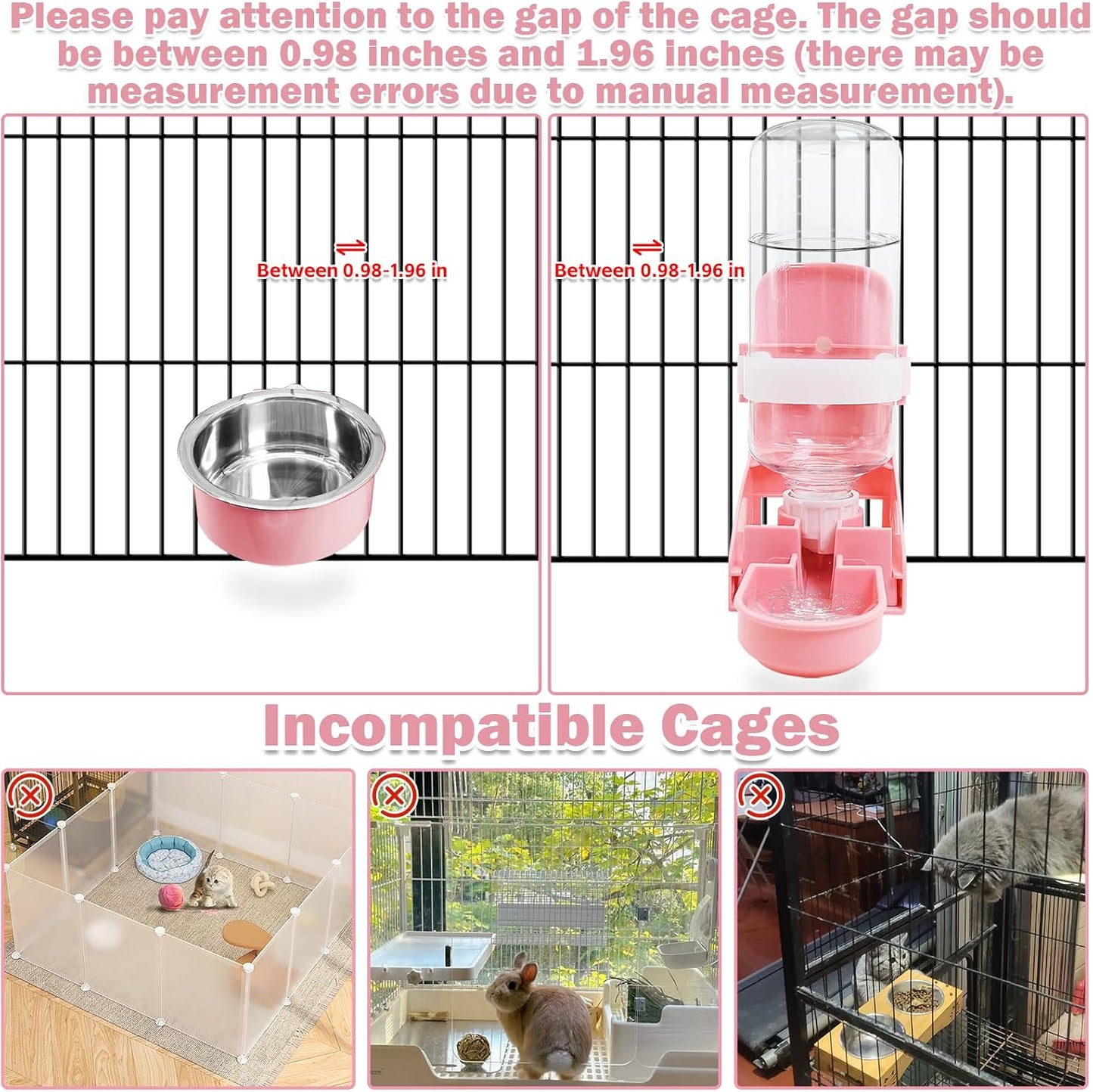 kathson Rabbit Suspended Feeder Dispenser Hanging Water Fountain Automatic Bottle,Crate Bowl Removable Plastic Stainless Steel Pet Cage Coop Cup with Bolt Holder Set for Bunny Cat Dog and Other Animal